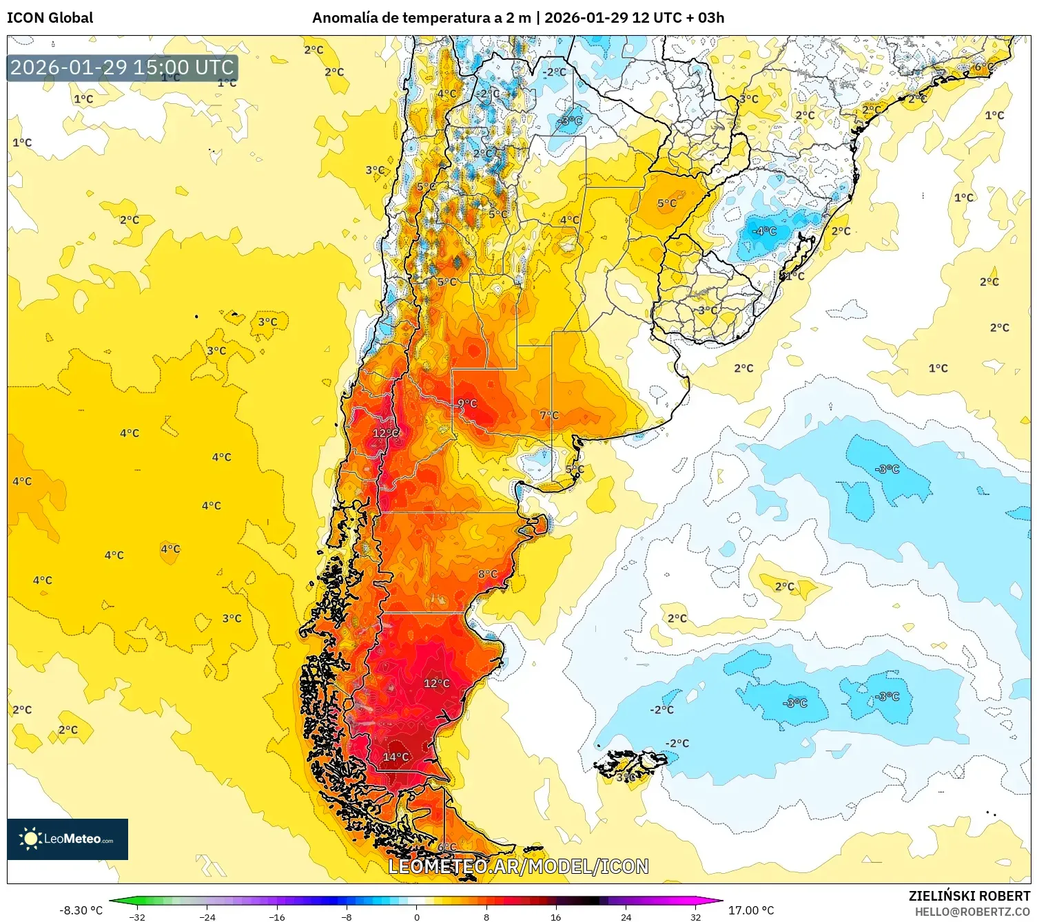 ICON model - Argentina, Anomalia de temperatura a 2 m
