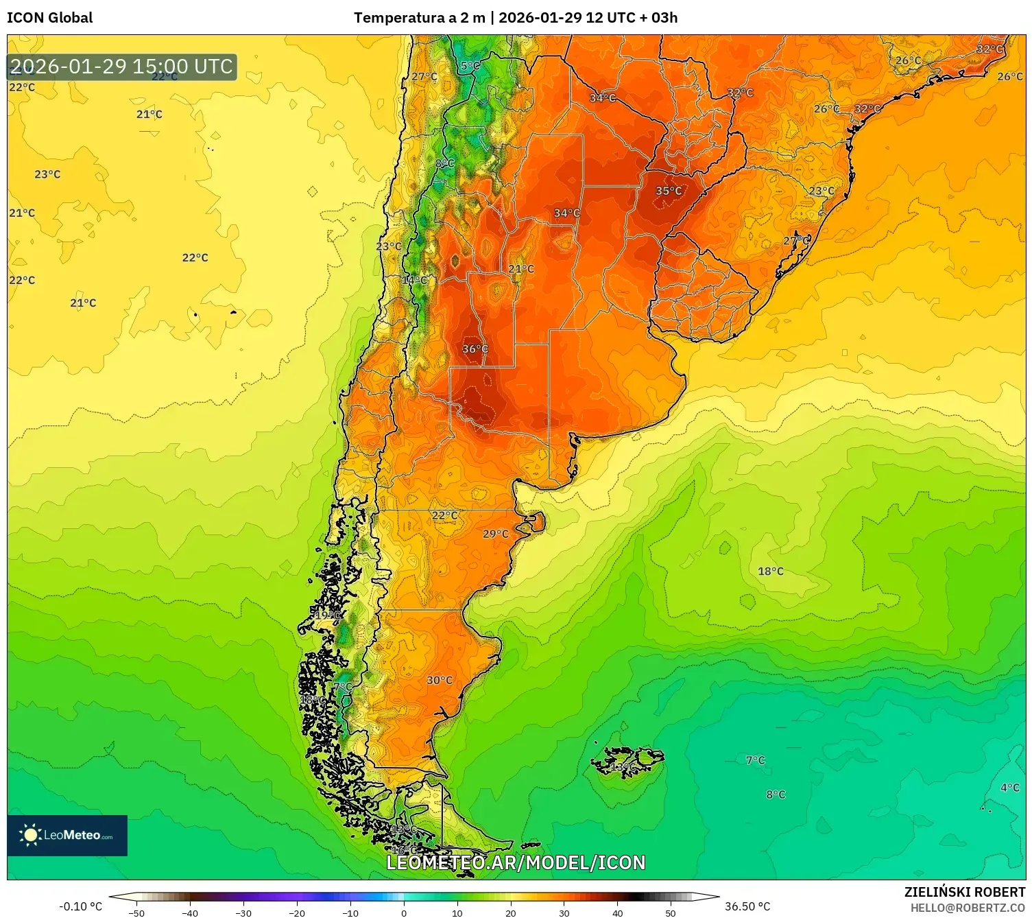 ICON model - Argentina, Temperatura a 2 m