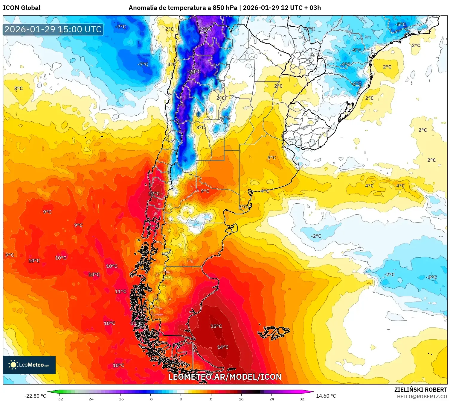 ICON model - Argentina, Anomalia de temperatura a 850 hPa