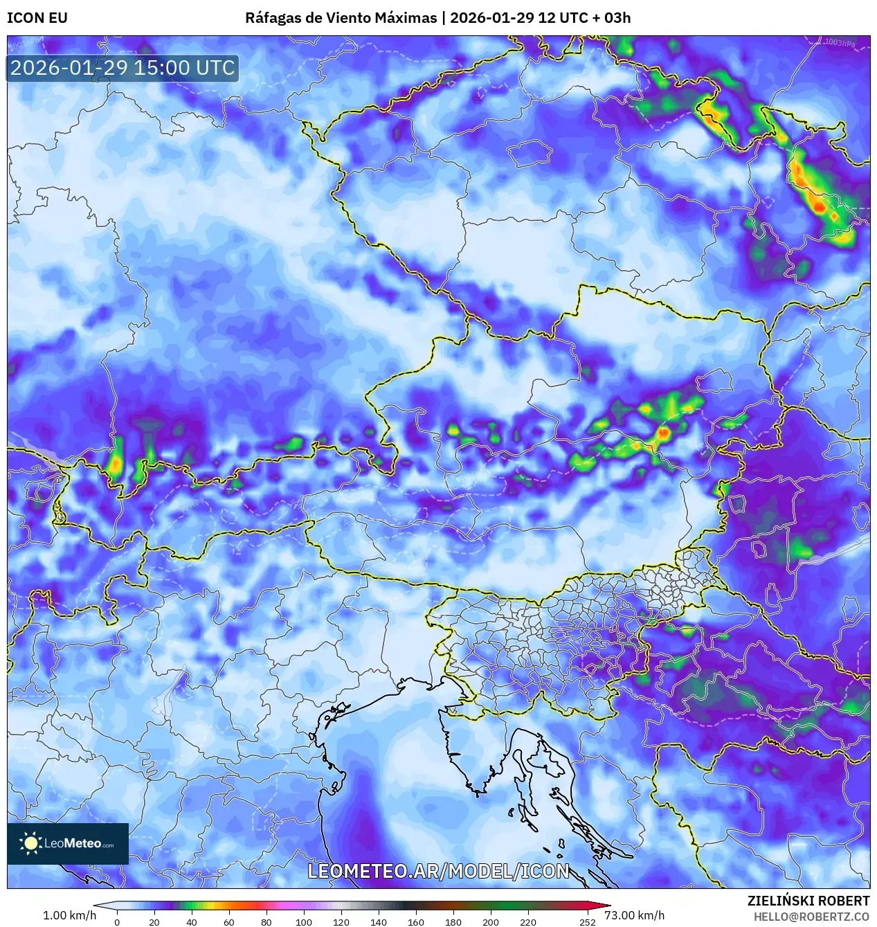 ICON model - Áustria, Rajadas de Vento Máximas