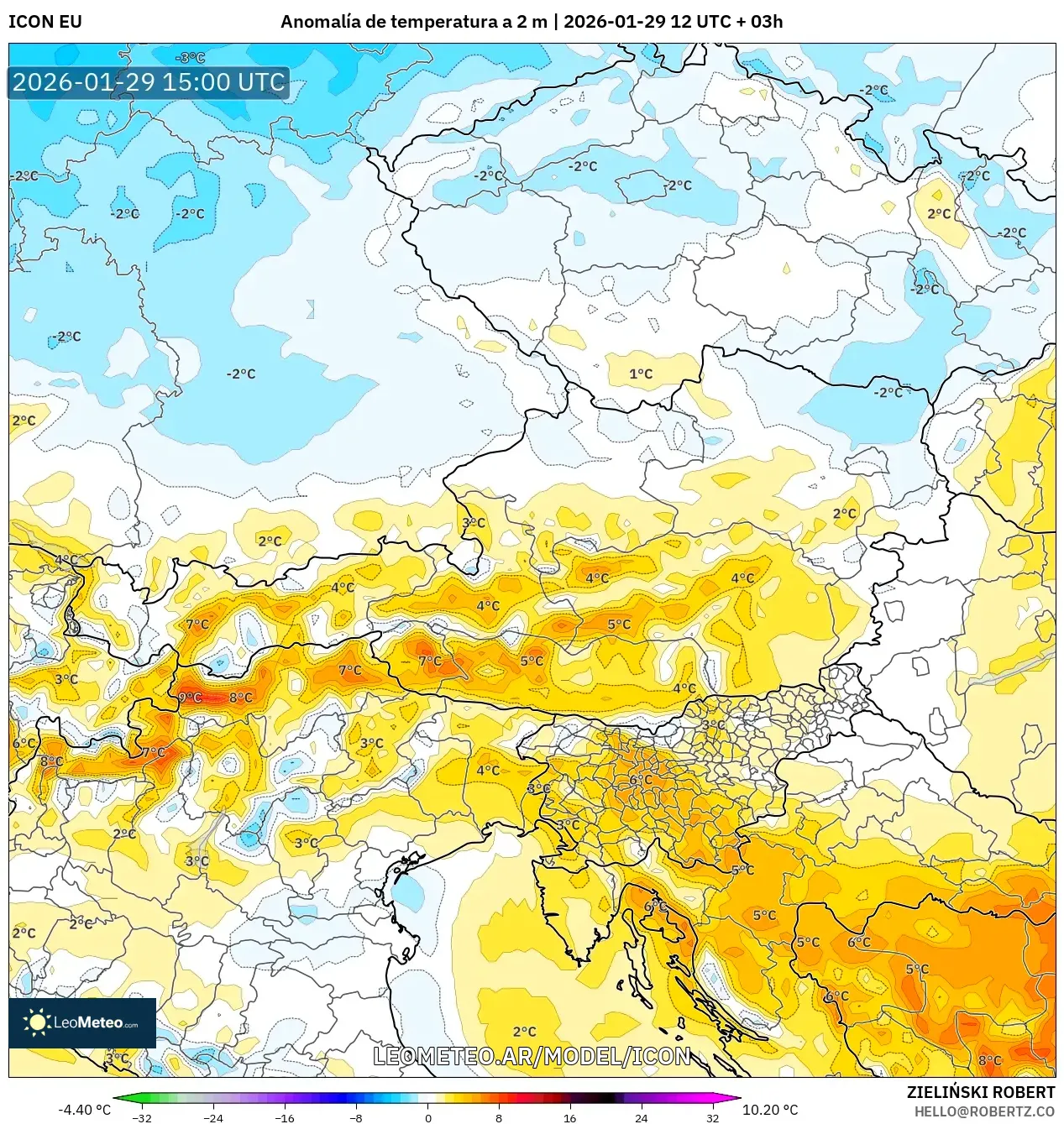 ICON model - Áustria, Anomalia de temperatura a 2 m