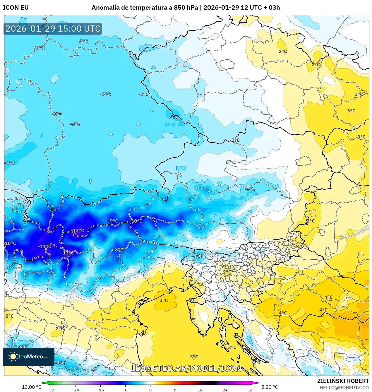 ICON model - Áustria, Anomalia de temperatura a 850 hPa