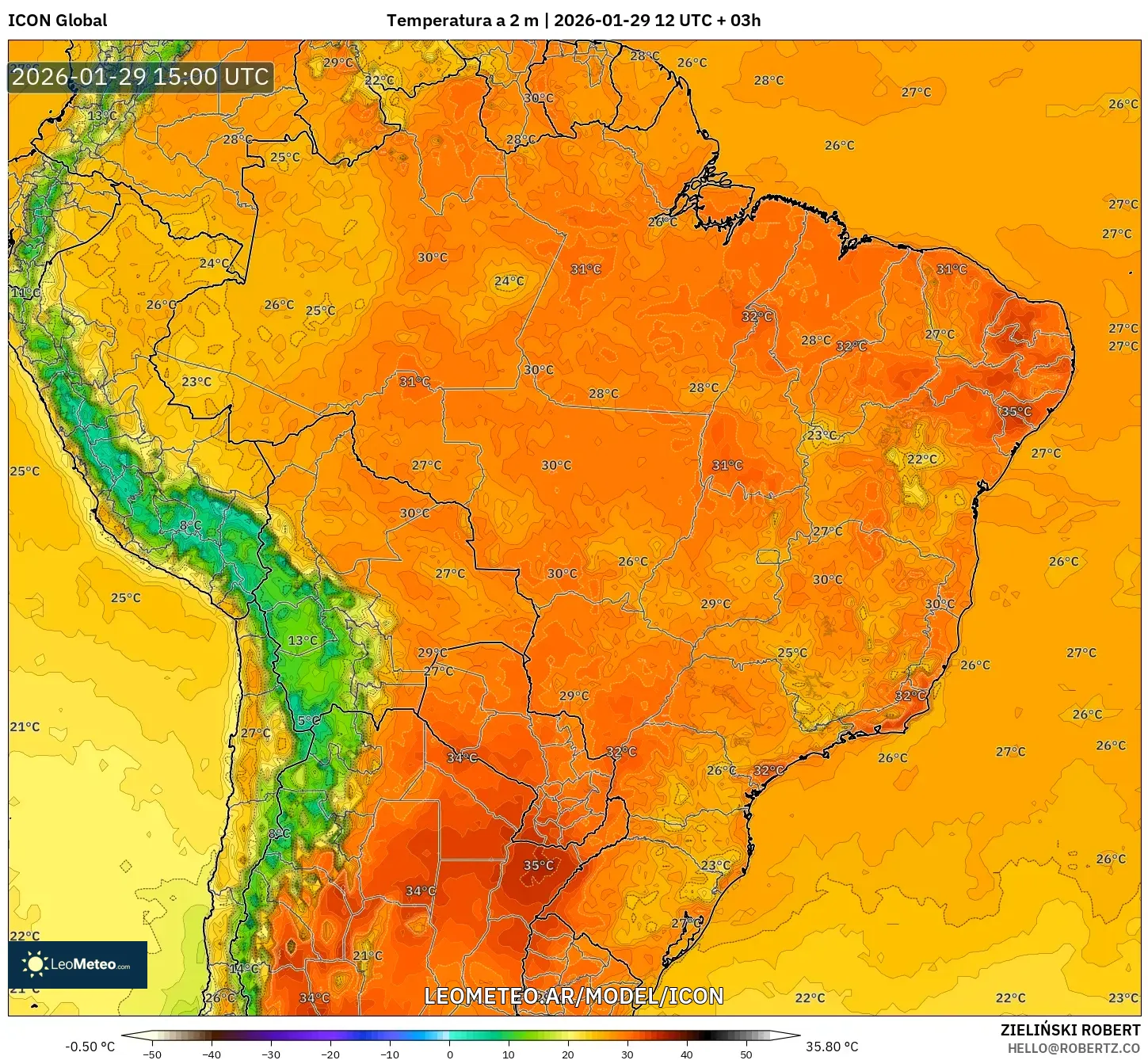 ICON model - Brasil, Temperatura a 2 m