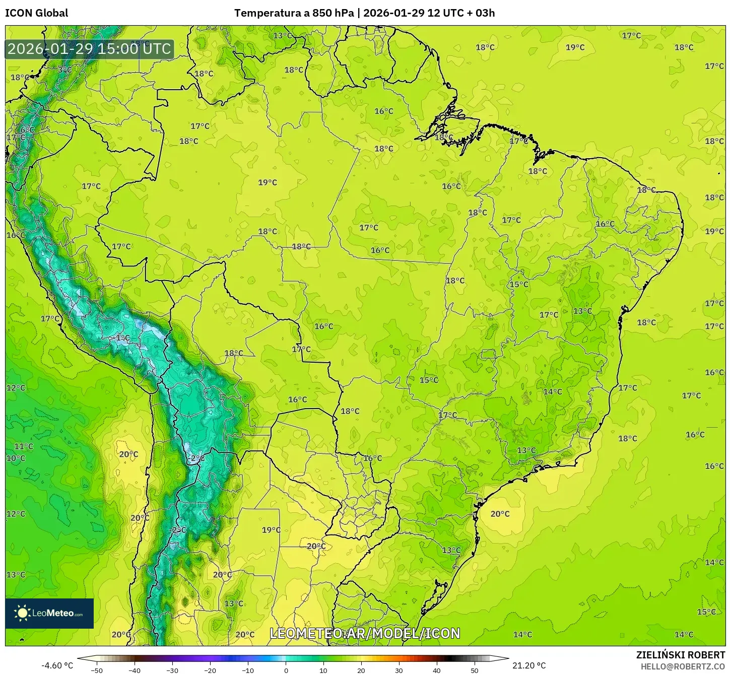 ICON model - Brasil, Temperatura a 850 hPa