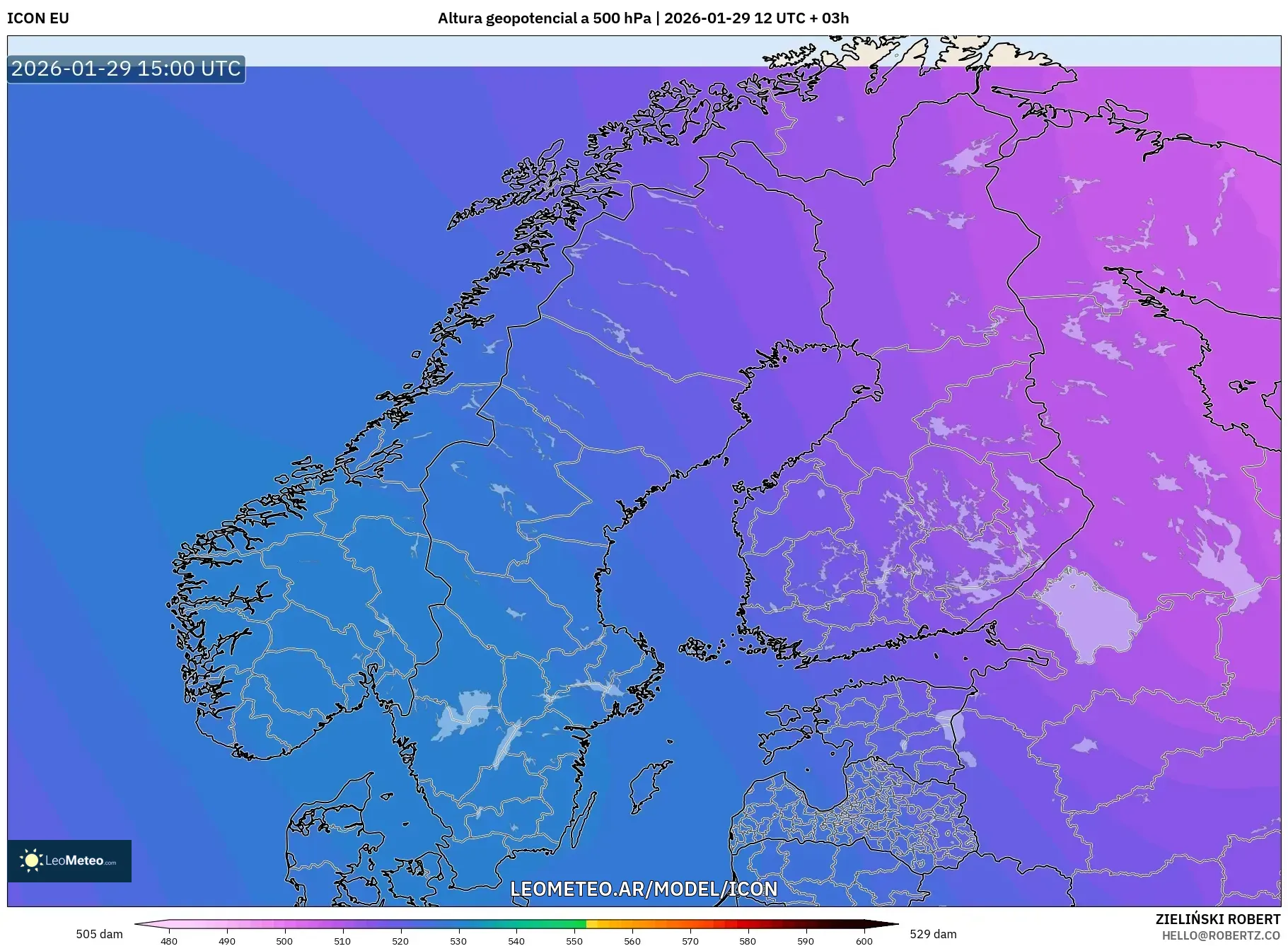 ICON model - Escandinávia, Altura geopotencial a 500 hPa