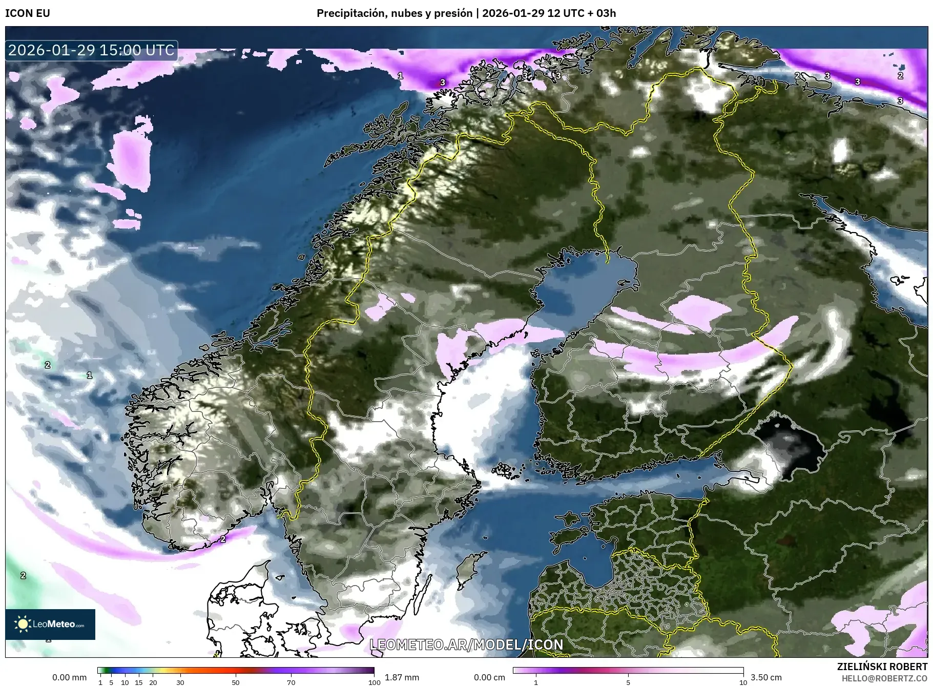 ICON model - Escandinávia, Precipitação, nuvens e pressão