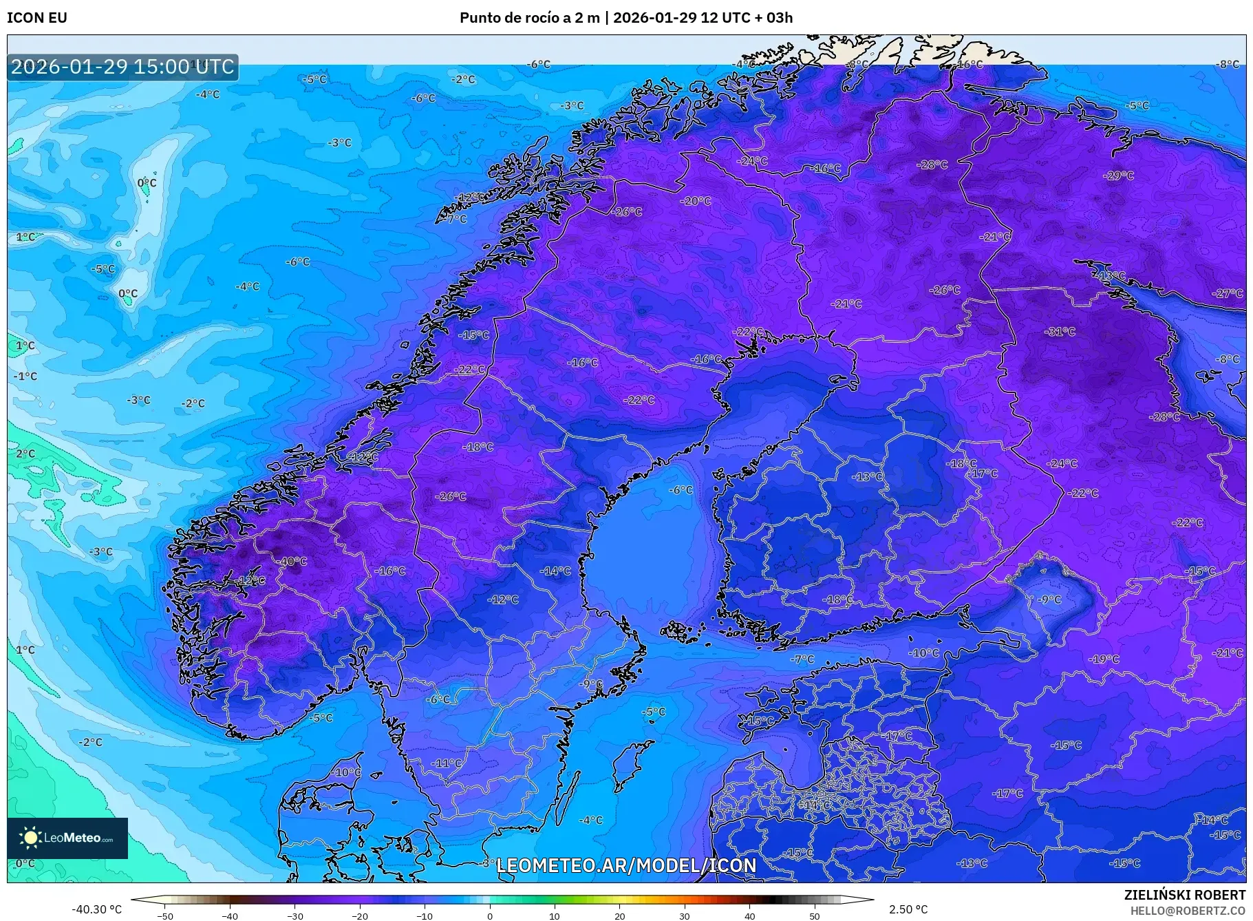 ICON model - Escandinávia, Ponto de orvalho a 2 m