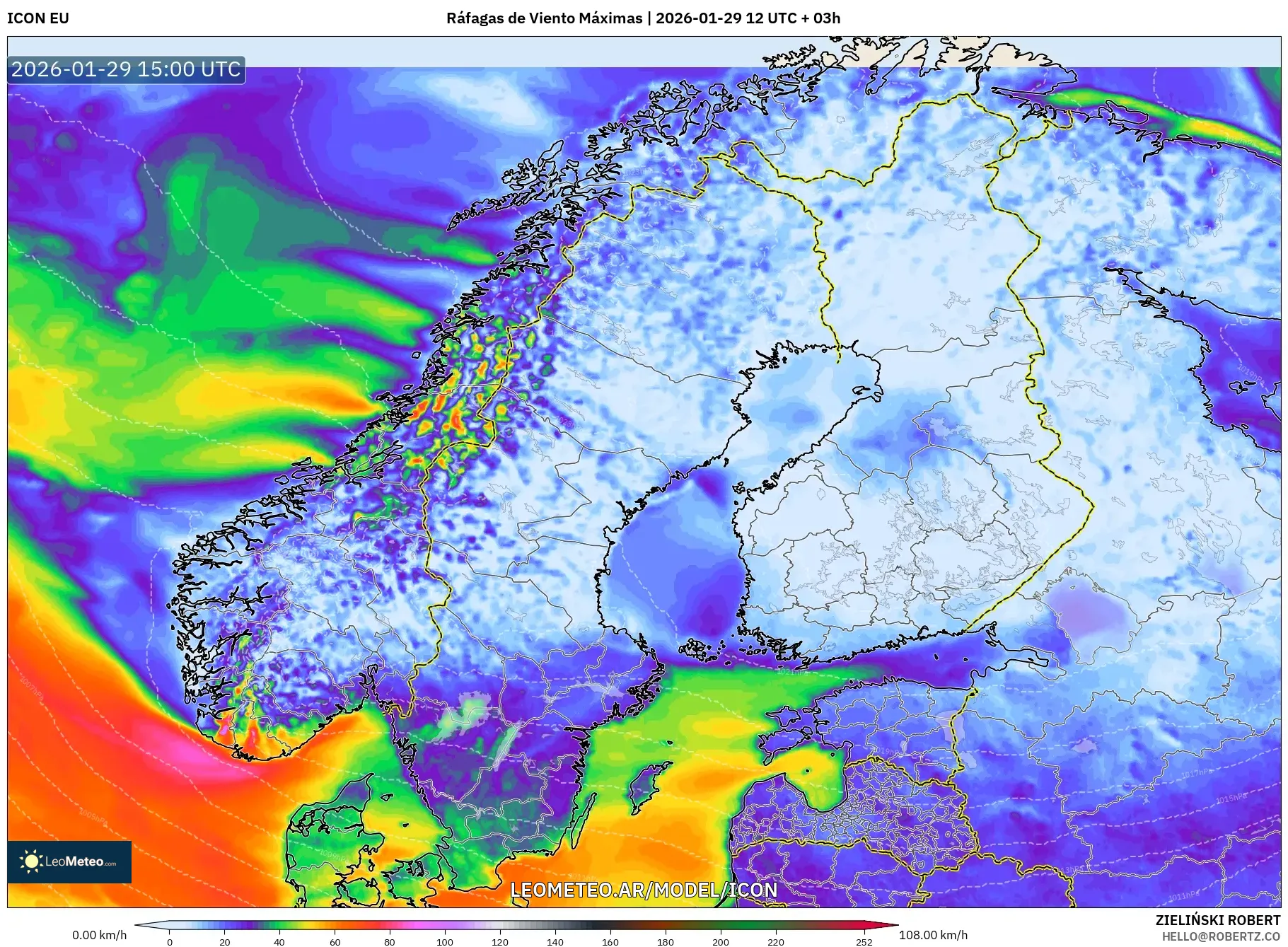 ICON model - Escandinávia, Rajadas de Vento Máximas