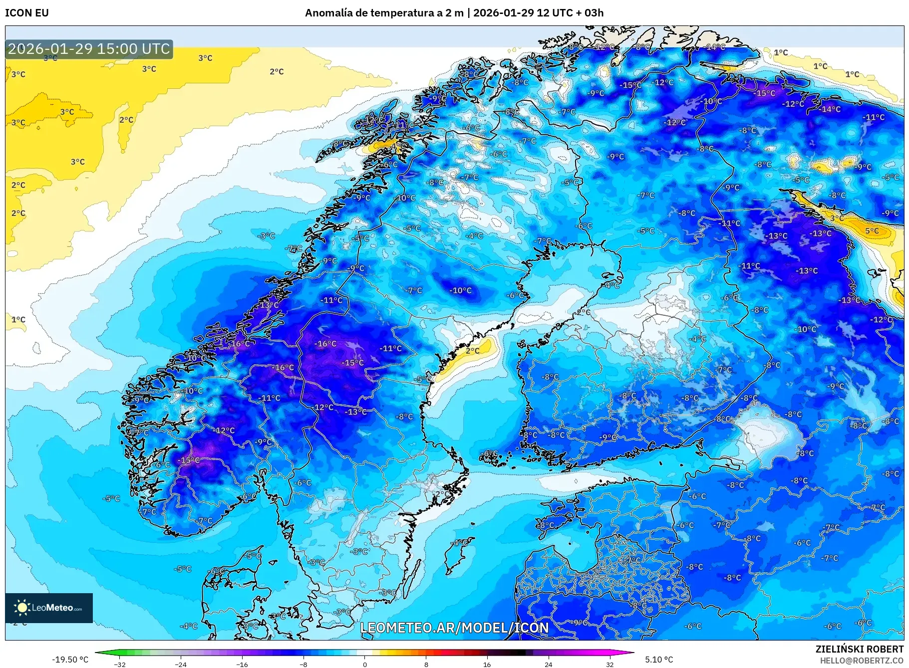 ICON model - Escandinávia, Anomalia de temperatura a 2 m