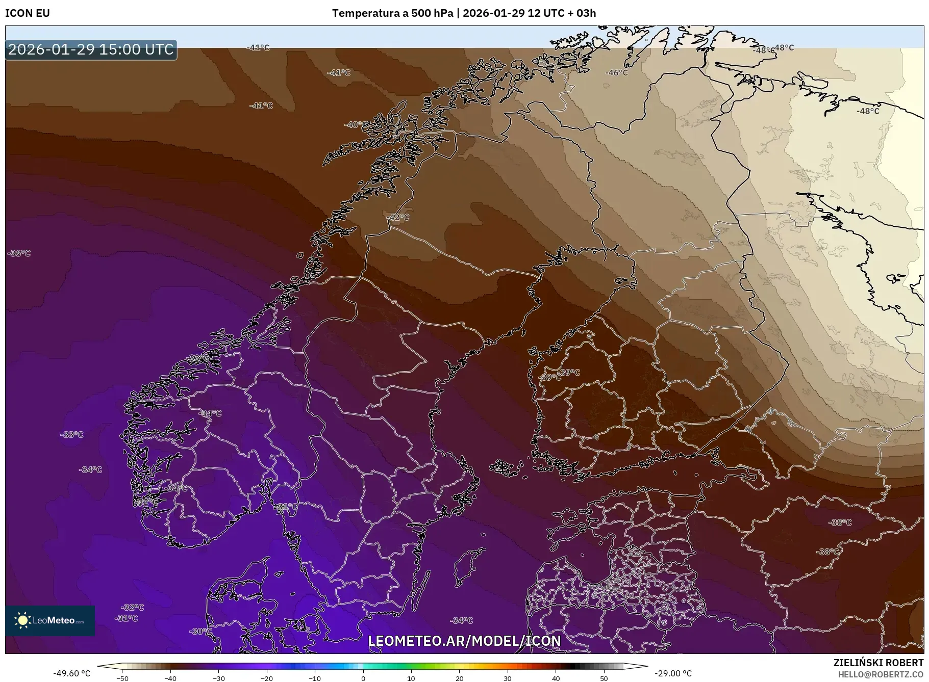 ICON model - Escandinávia, Temperatura a 500 hPa