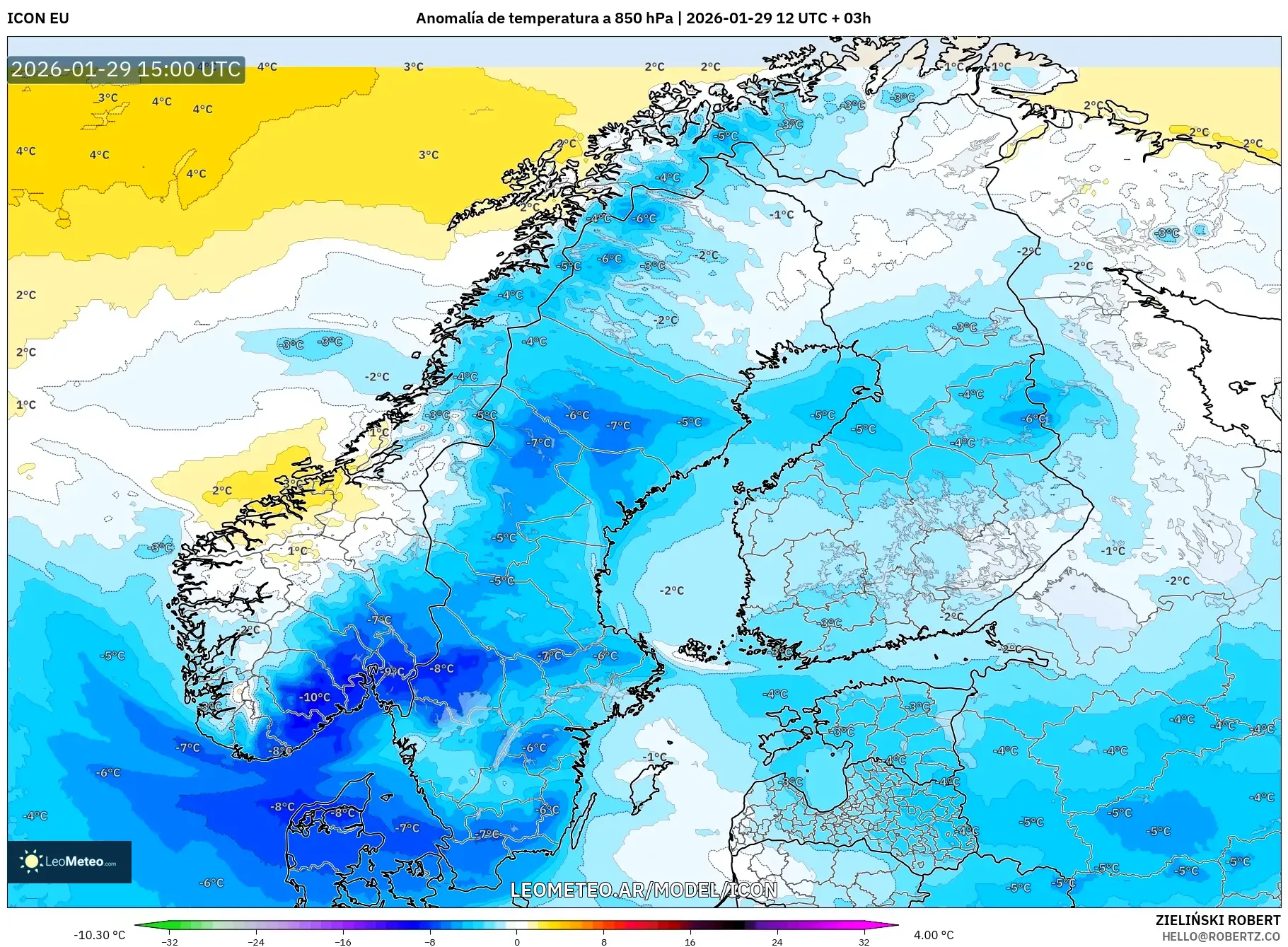ICON model - Escandinávia, Anomalia de temperatura a 850 hPa