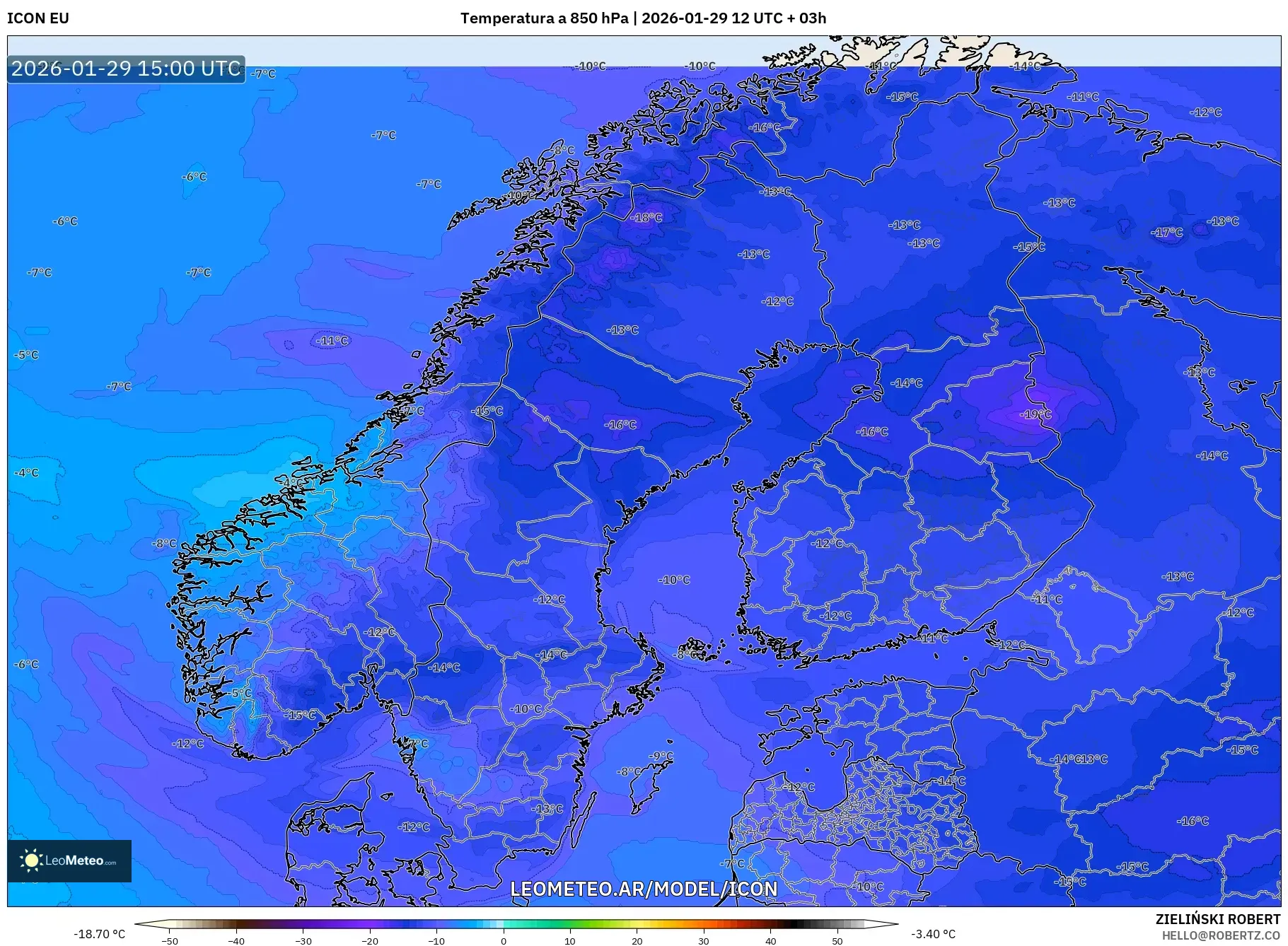 ICON model - Escandinávia, Temperatura a 850 hPa