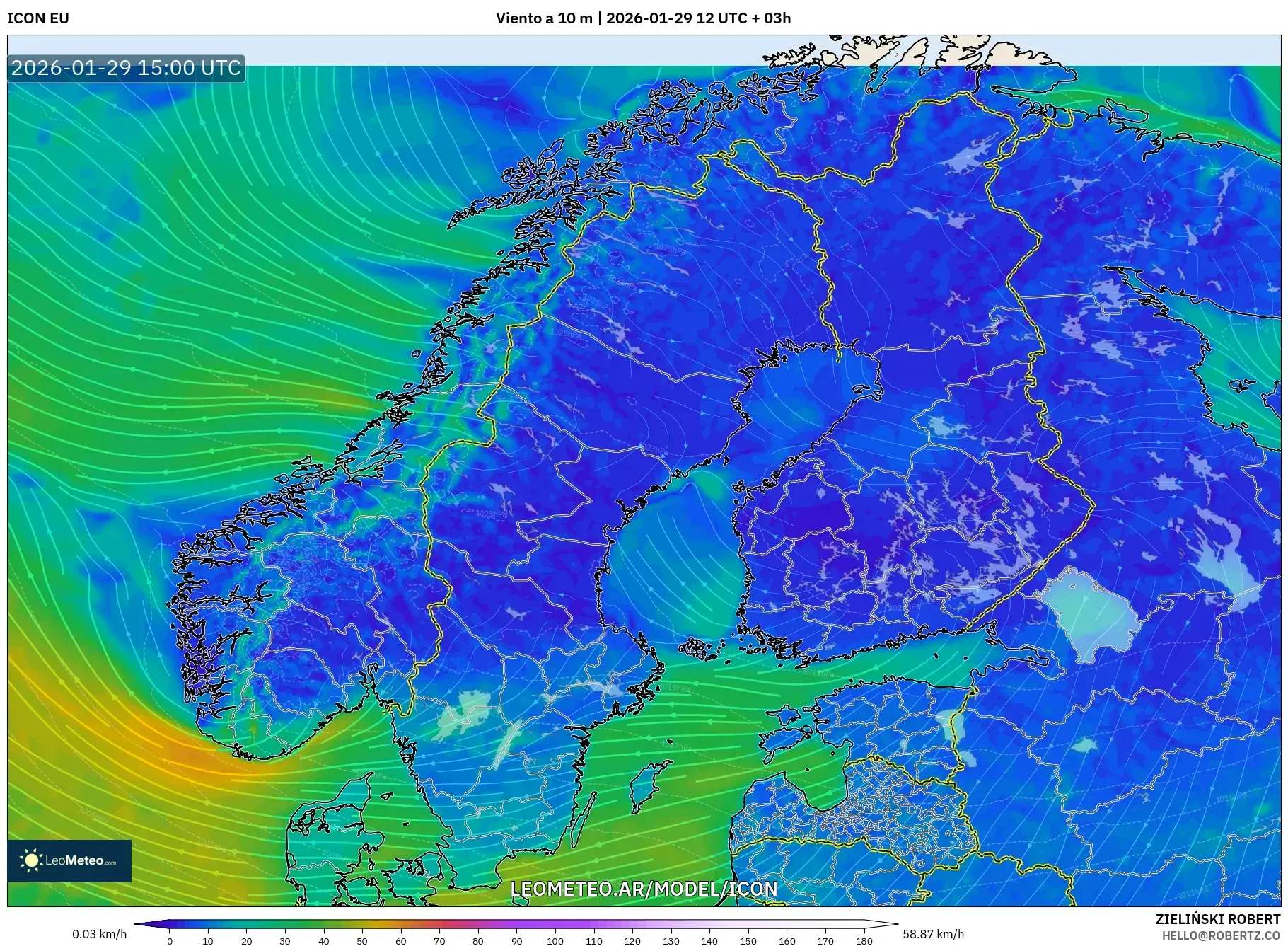 ICON model - Escandinávia, Vento a 10 m