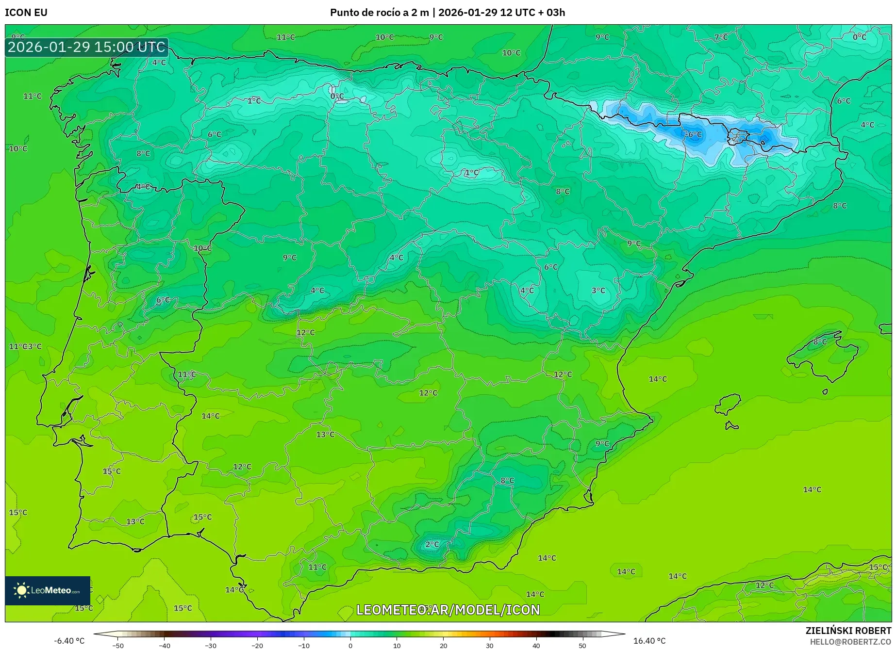 ICON model - Espanha, Ponto de orvalho a 2 m
