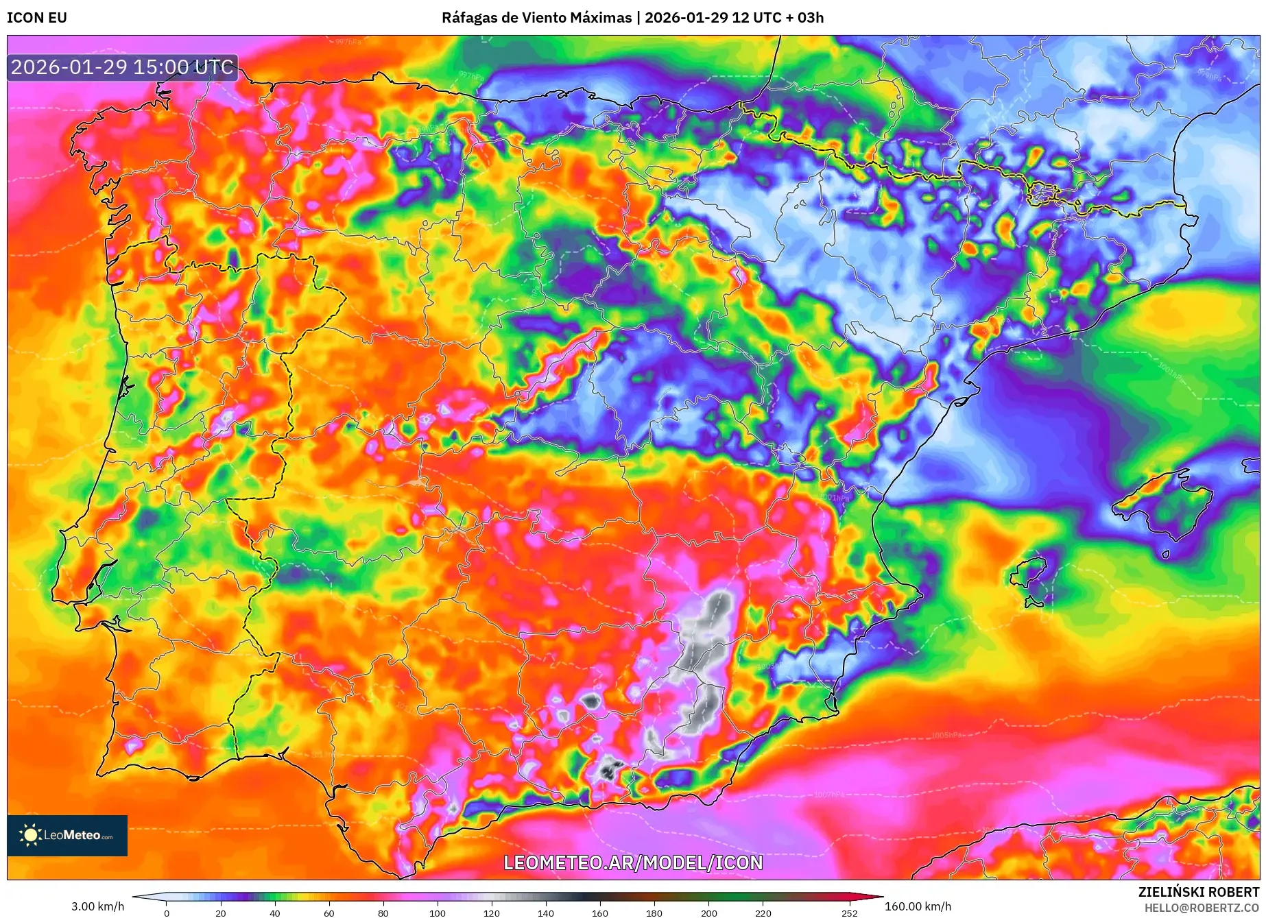 ICON model - Espanha, Rajadas de Vento Máximas