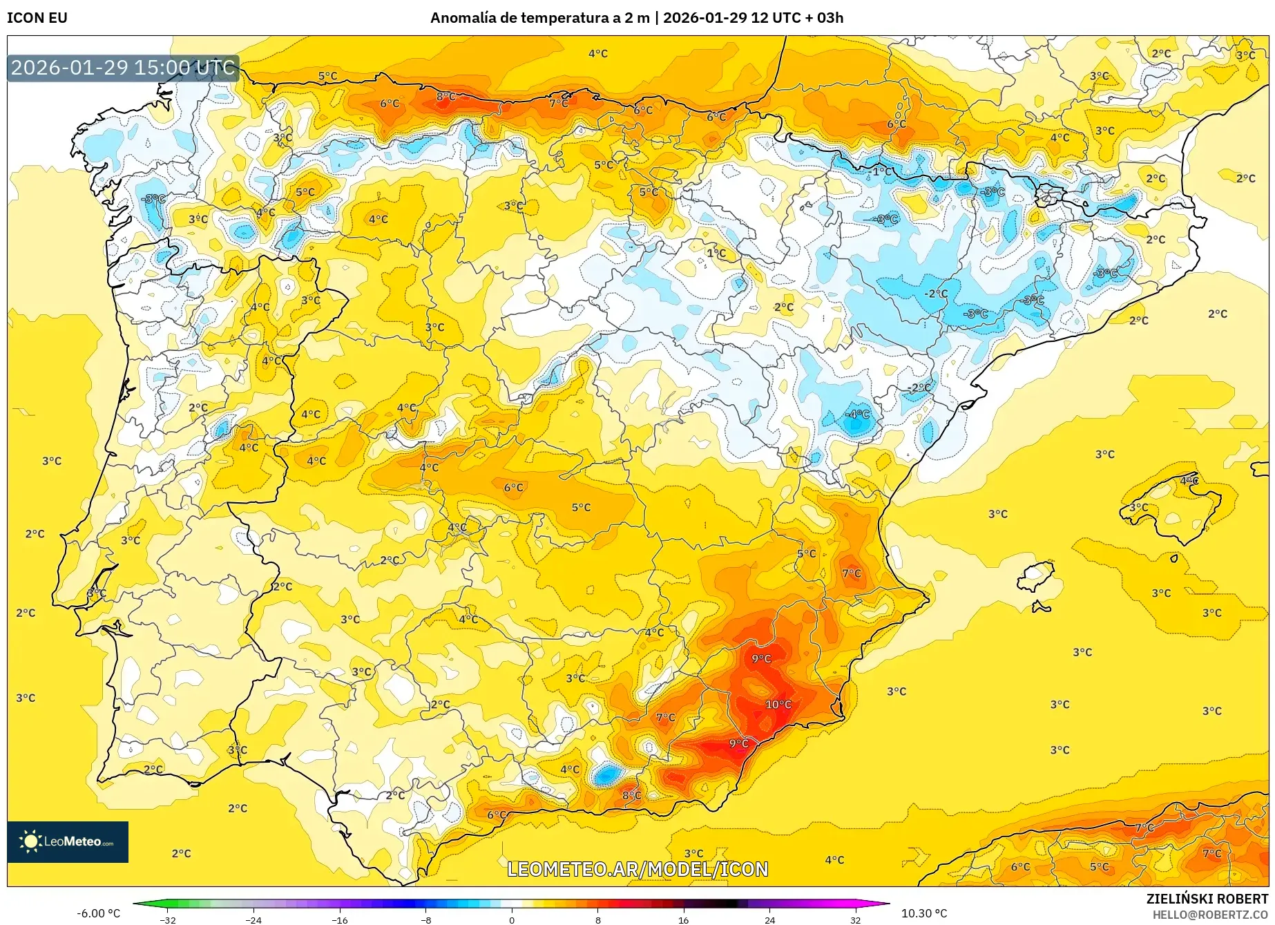 ICON model - Espanha, Anomalia de temperatura a 2 m