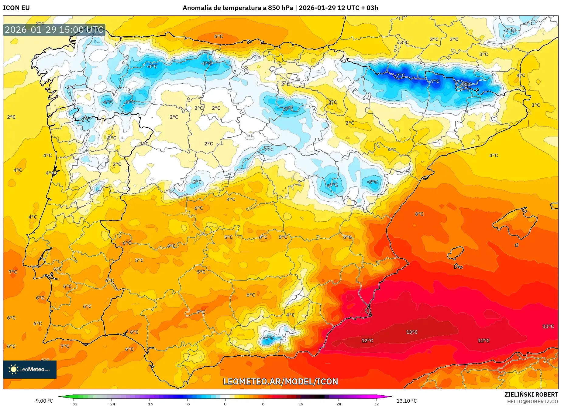 ICON model - Espanha, Anomalia de temperatura a 850 hPa