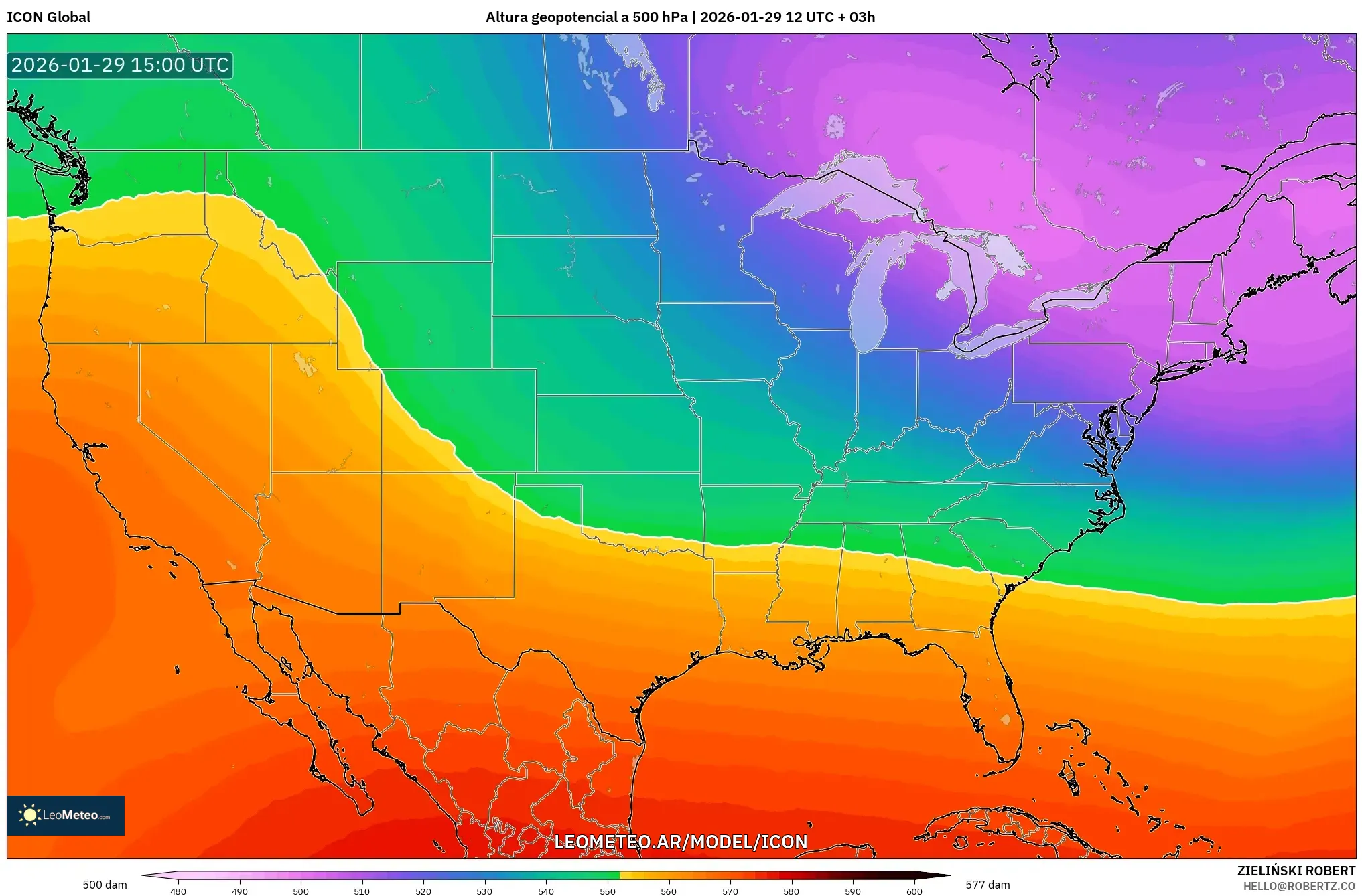 ICON model - Estados Unidos, Altura geopotencial a 500 hPa