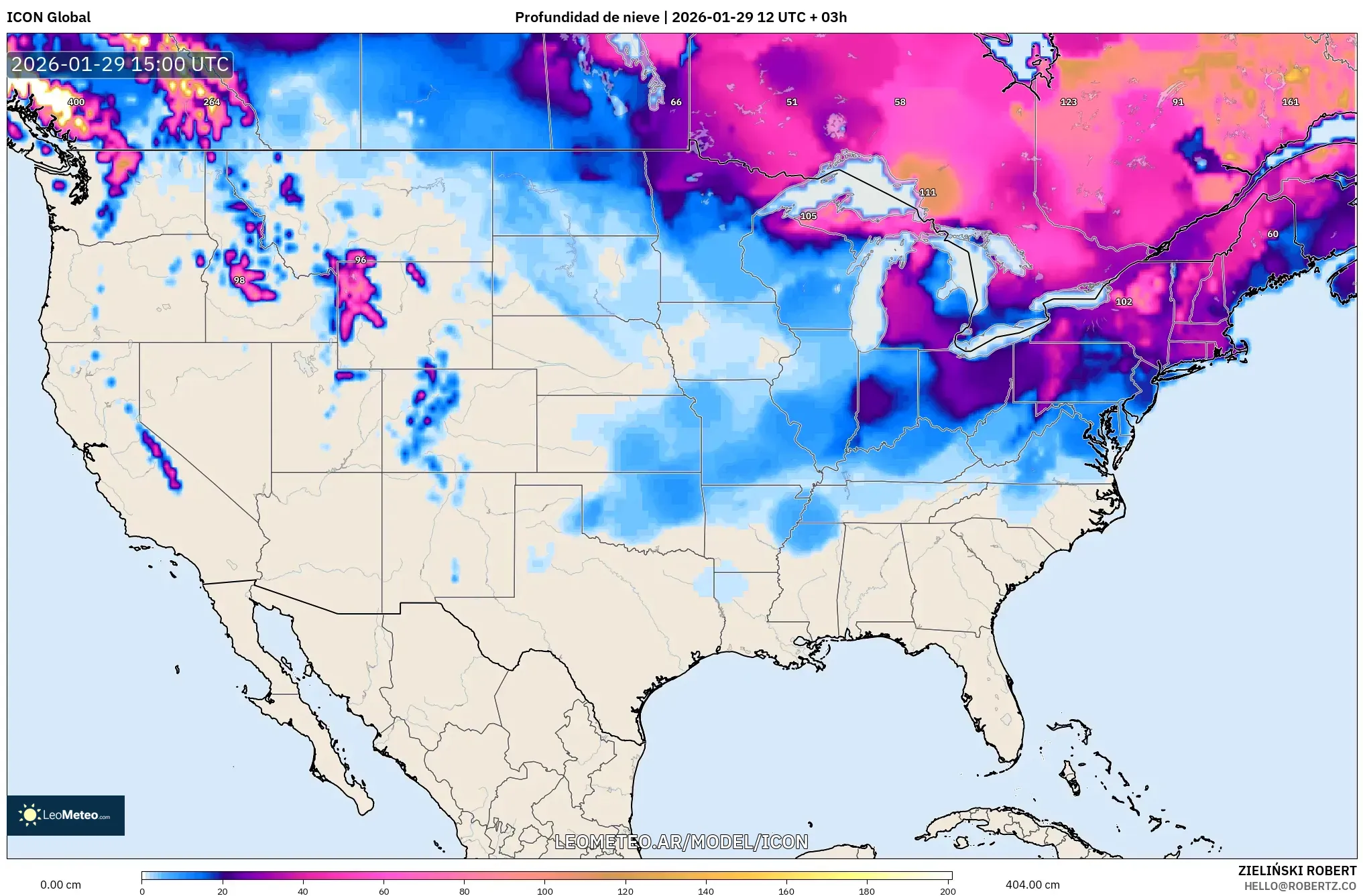 ICON model - Estados Unidos, Profundidade da neve