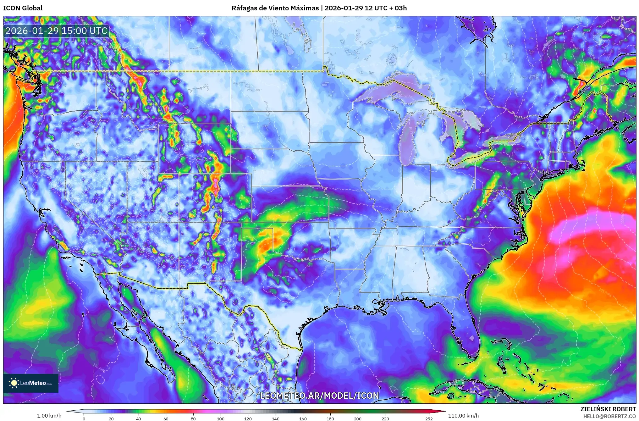 ICON model - Estados Unidos, Rajadas de Vento Máximas