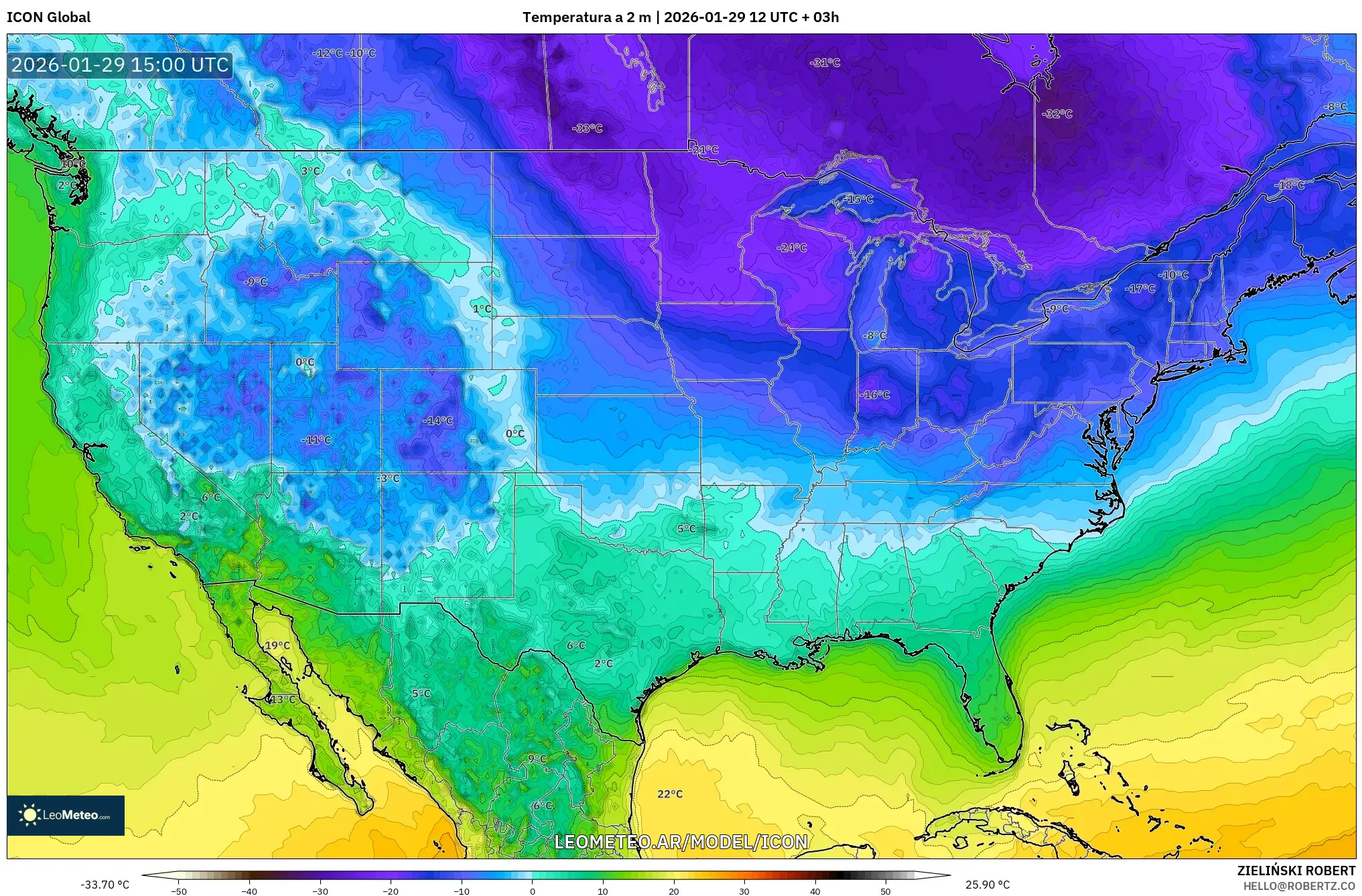ICON model - Estados Unidos, Temperatura a 2 m