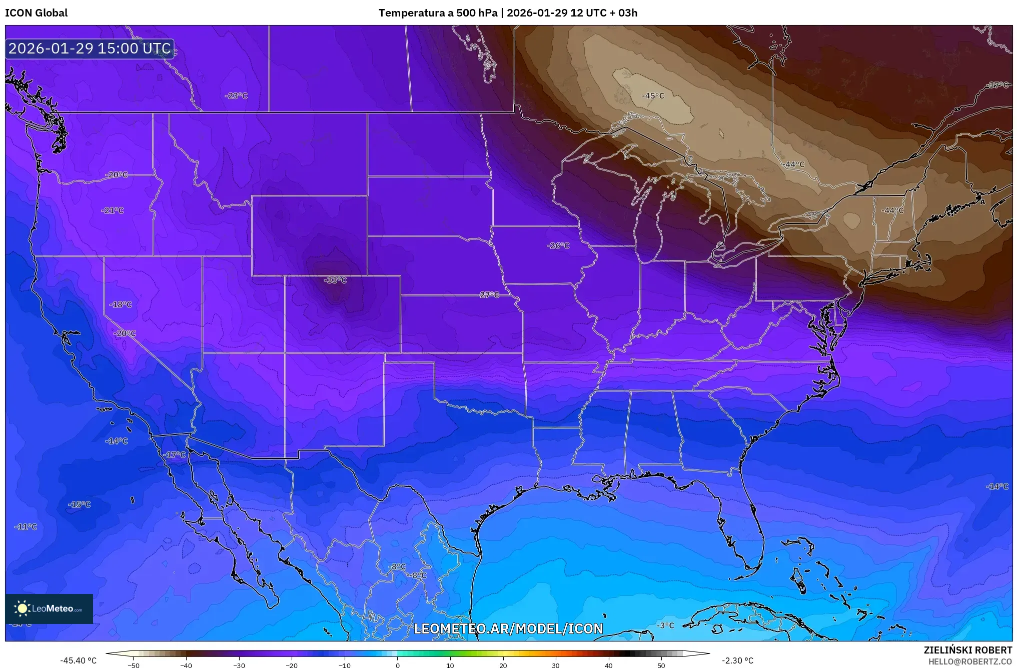 ICON model - Estados Unidos, Temperatura a 500 hPa