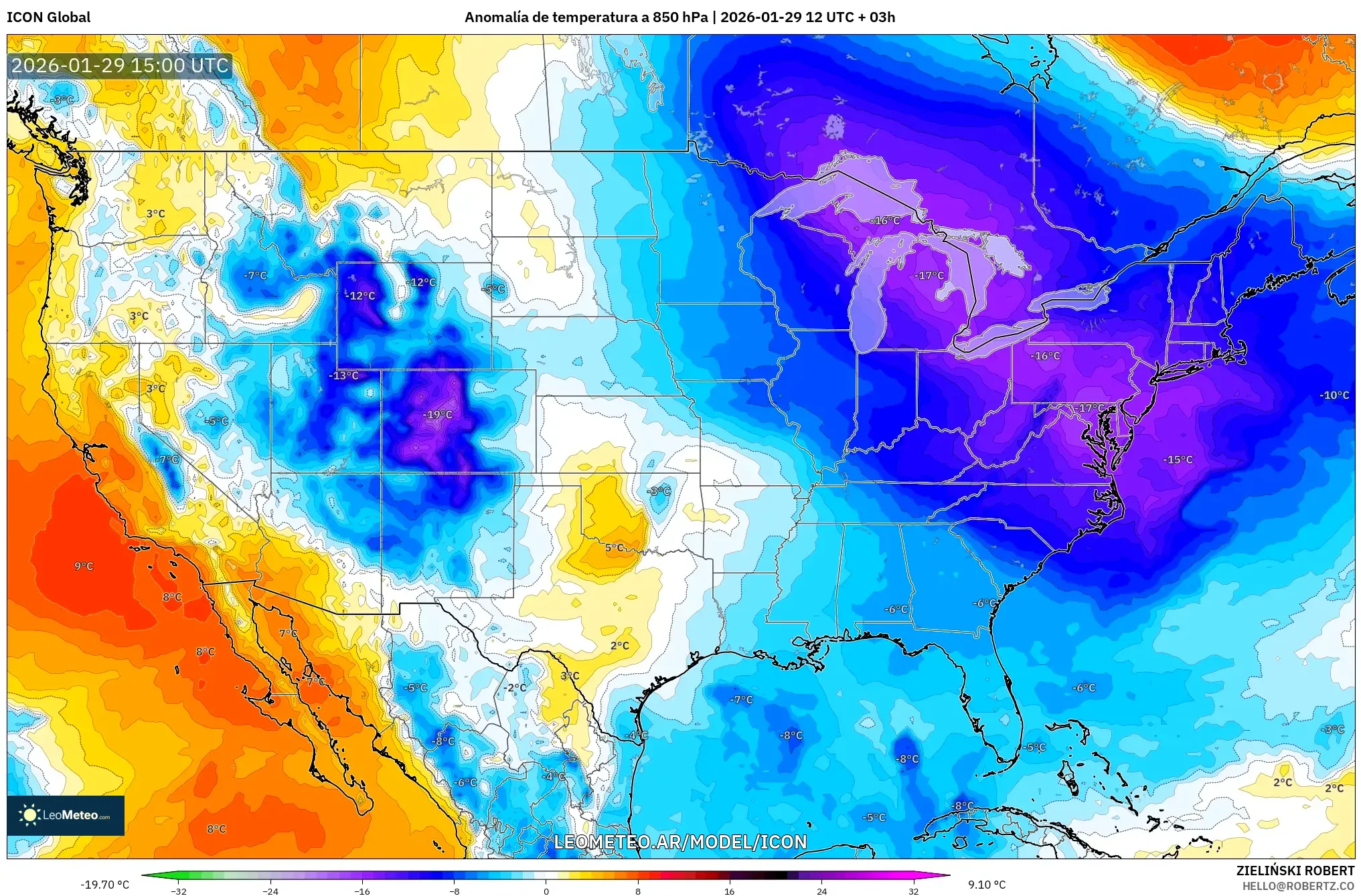 ICON model - Estados Unidos, Anomalia de temperatura a 850 hPa