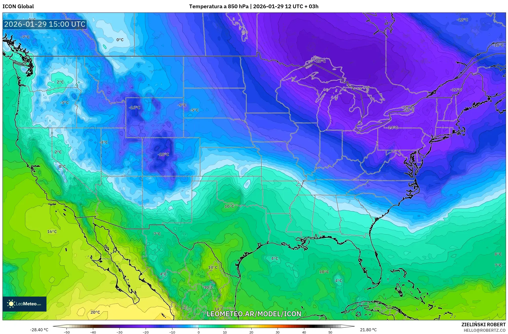 ICON model - Estados Unidos, Temperatura a 850 hPa