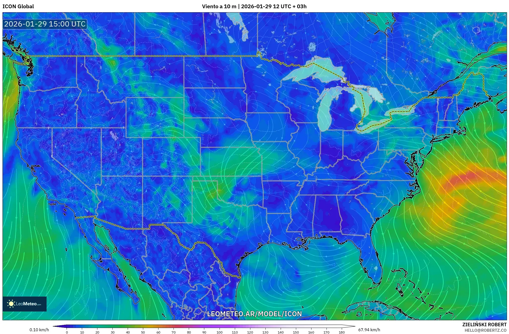 ICON model - Estados Unidos, Vento a 10 m