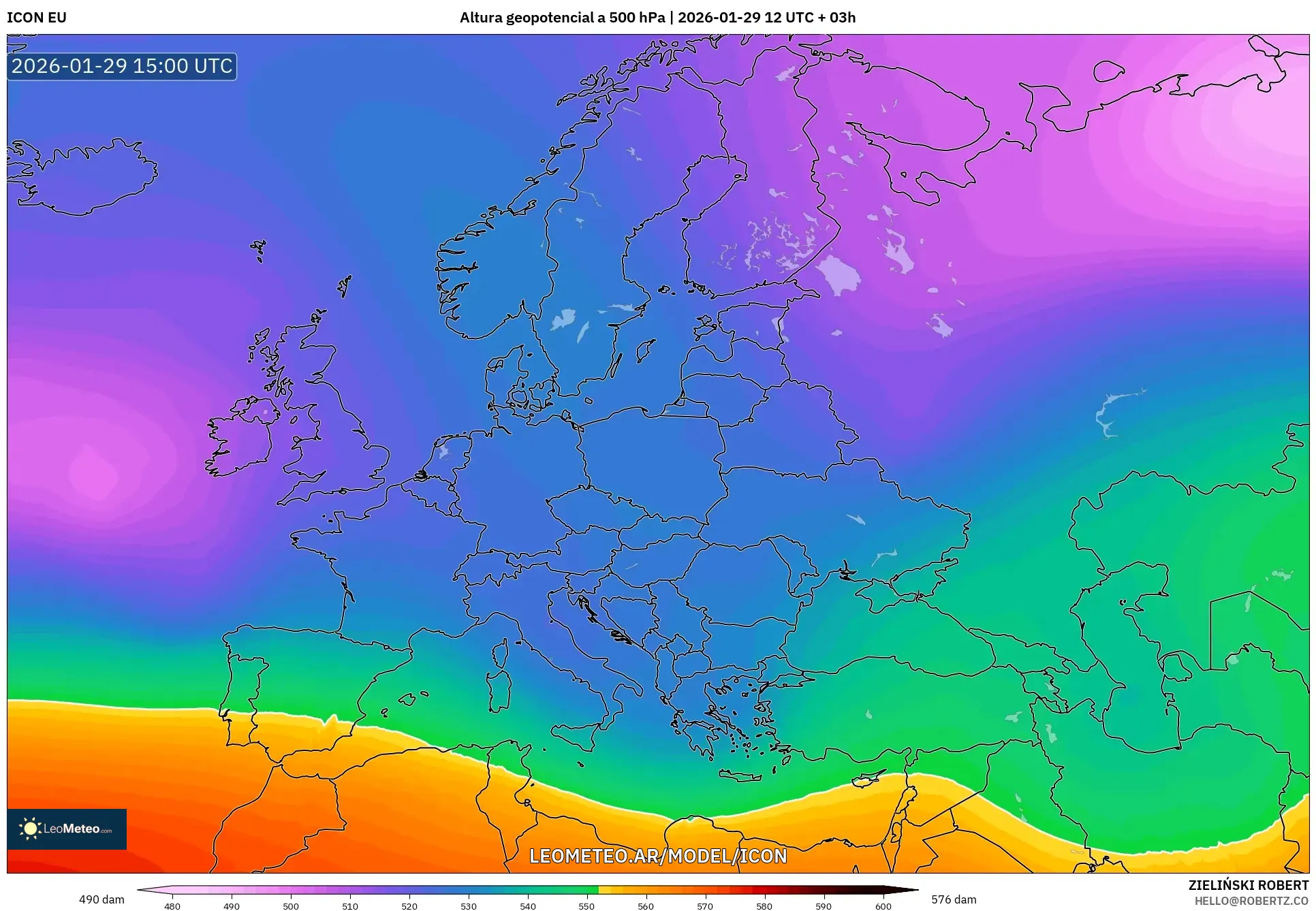 ICON model - Europa, Altura geopotencial a 500 hPa