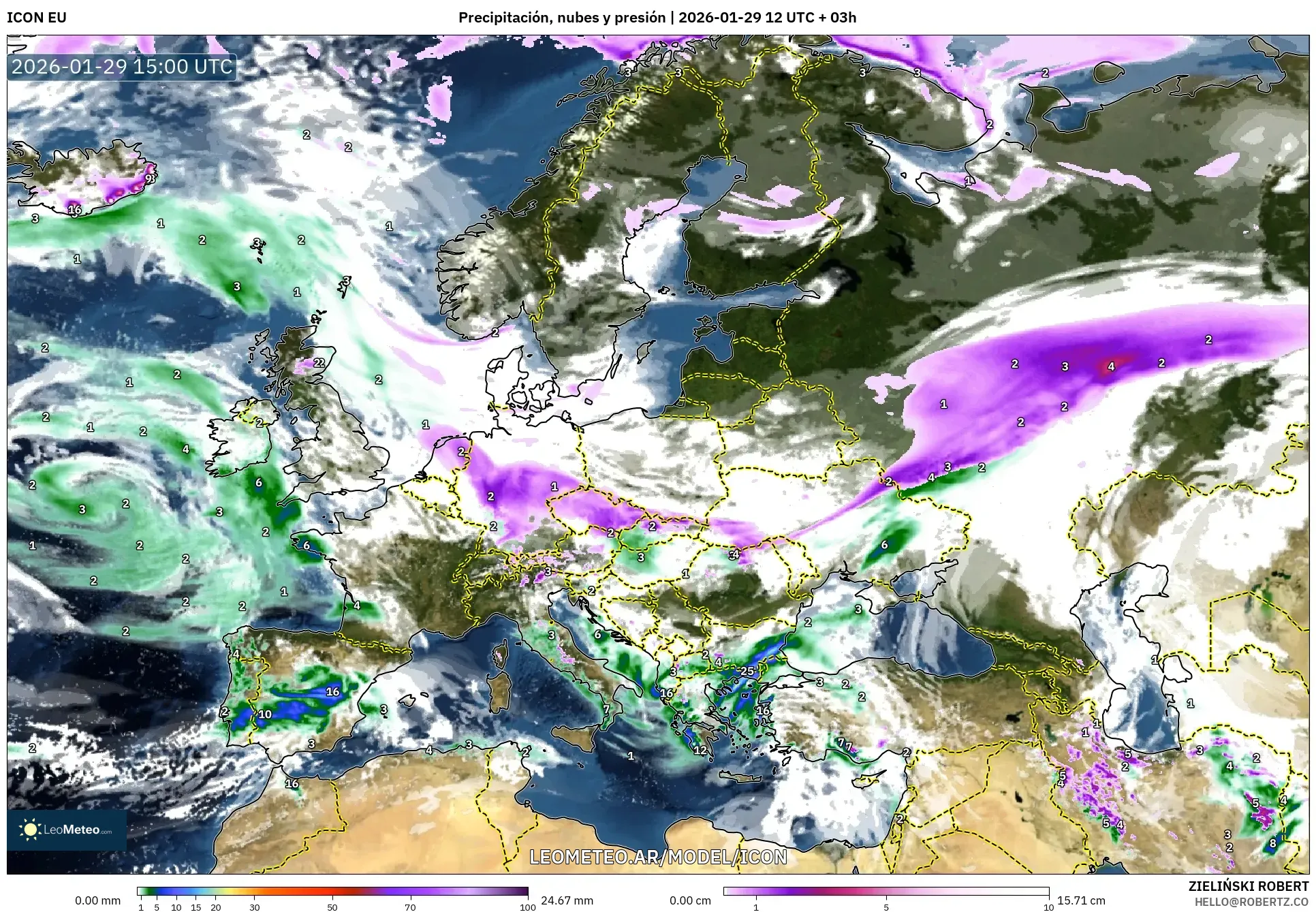 ICON model - Europa, Precipitação, nuvens e pressão