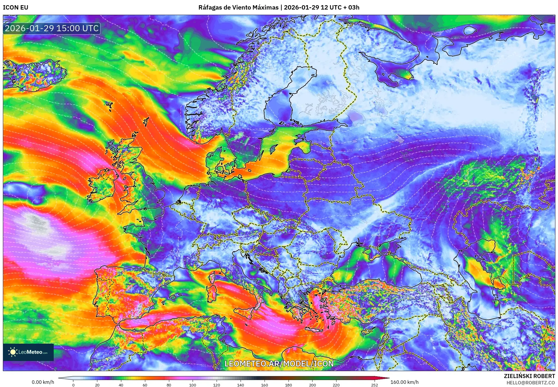 ICON model - Europa, Rajadas de Vento Máximas