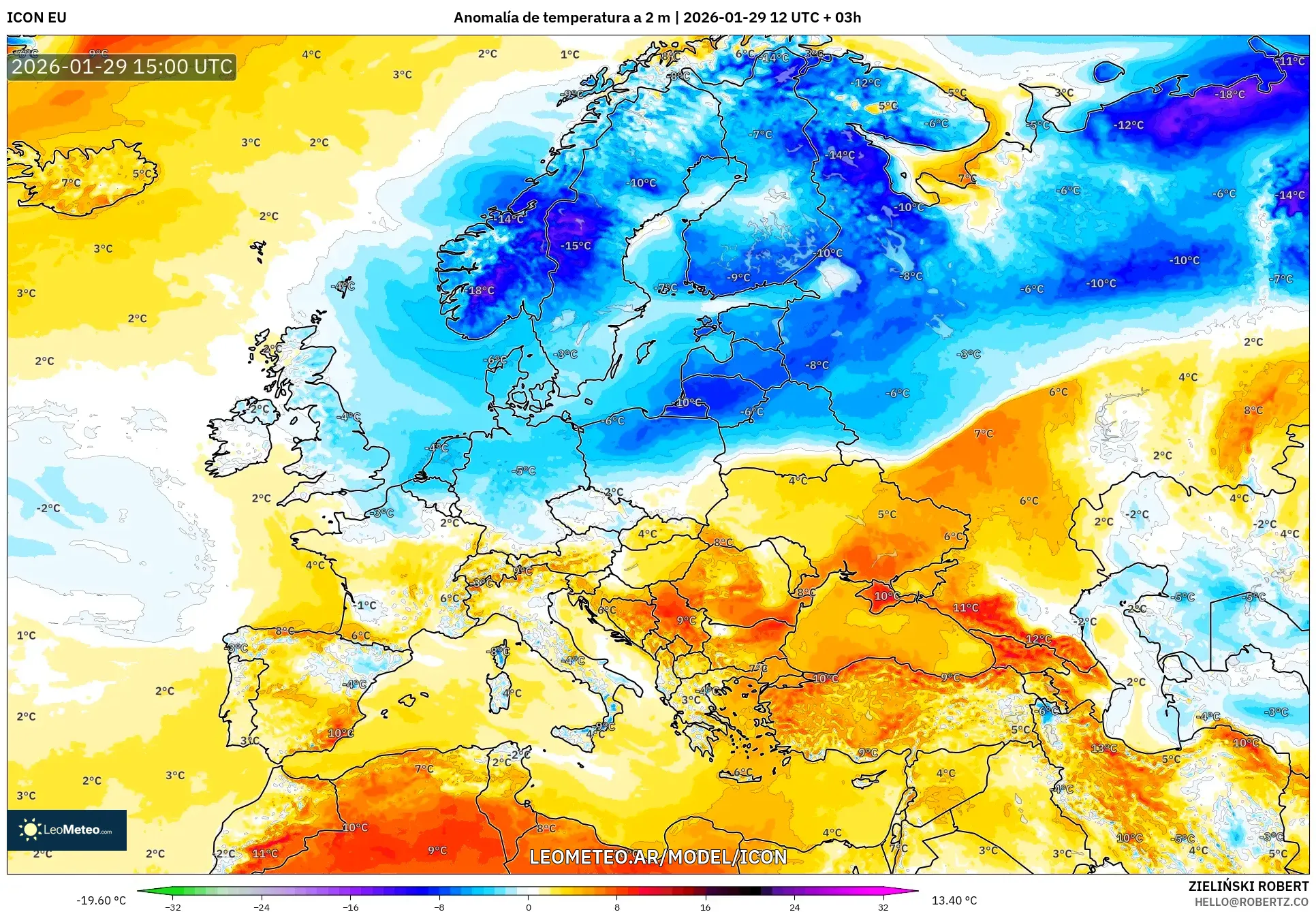 ICON model - Europa, Anomalia de temperatura a 2 m