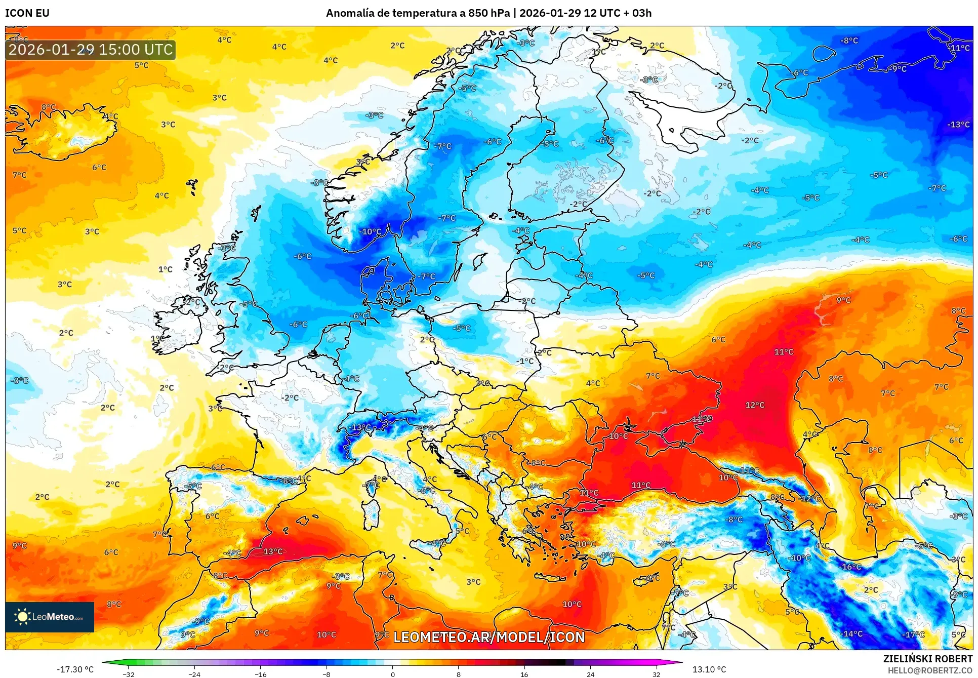 ICON model - Europa, Anomalia de temperatura a 850 hPa