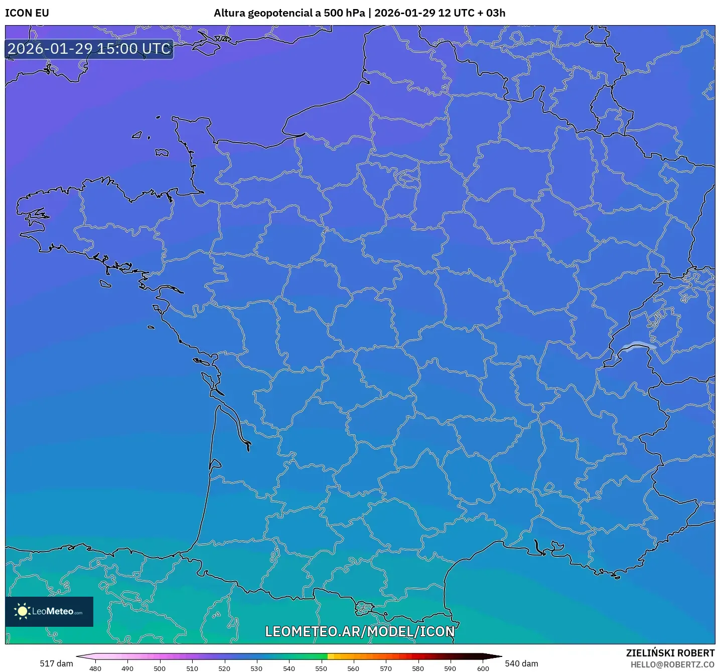 ICON model - França, Altura geopotencial a 500 hPa