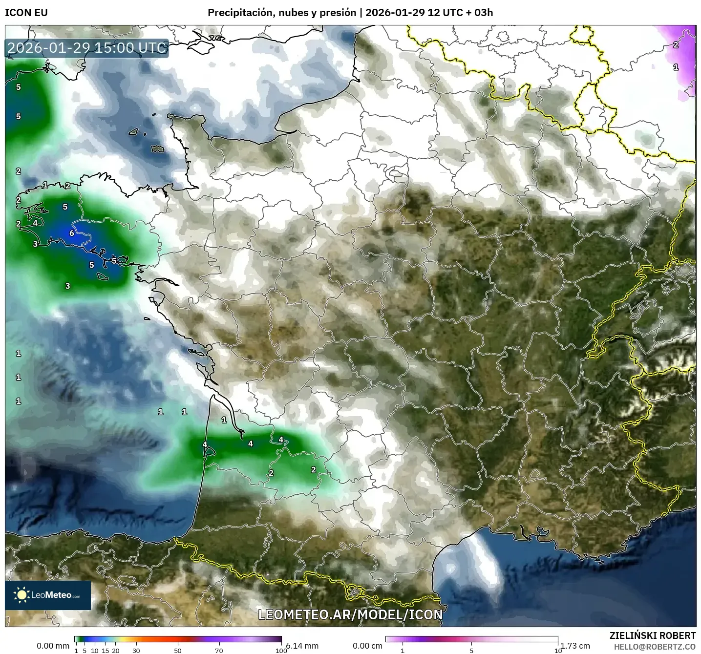 ICON model - França, Precipitação, nuvens e pressão