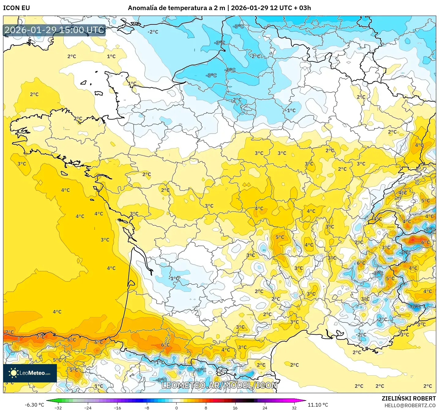 ICON model - França, Anomalia de temperatura a 2 m