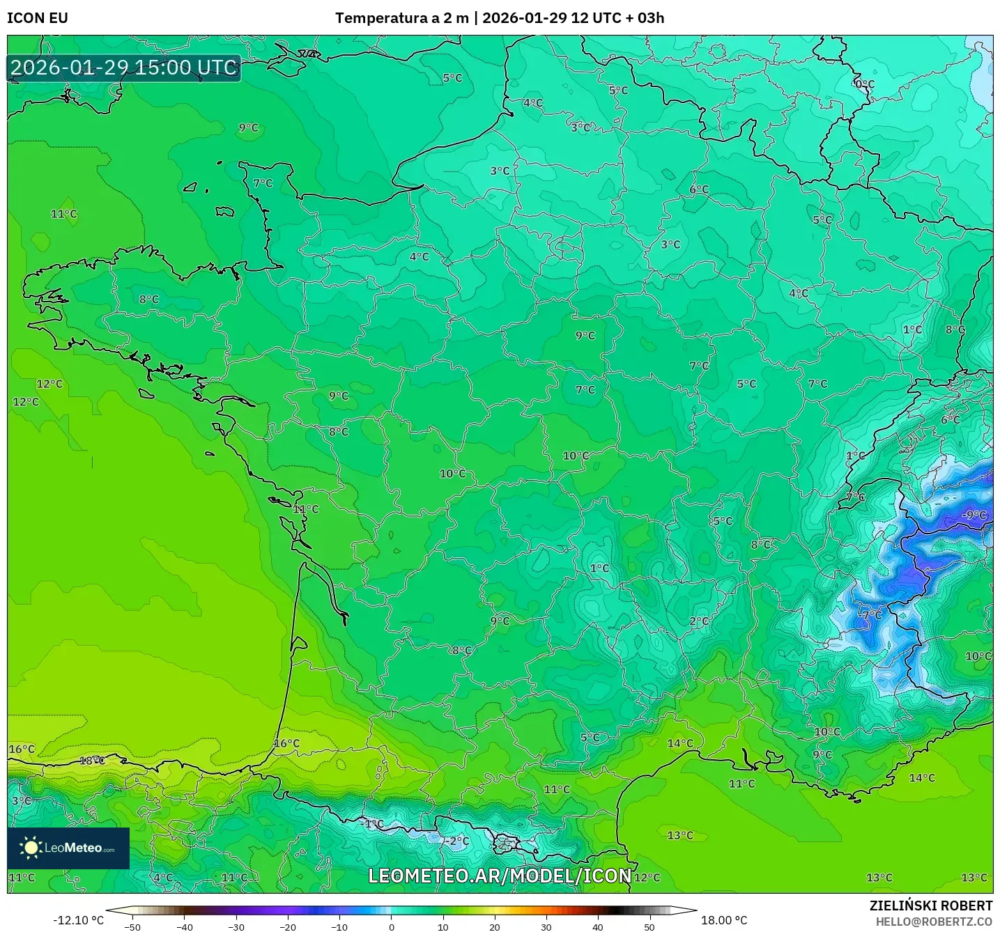 ICON model - França, Temperatura a 2 m