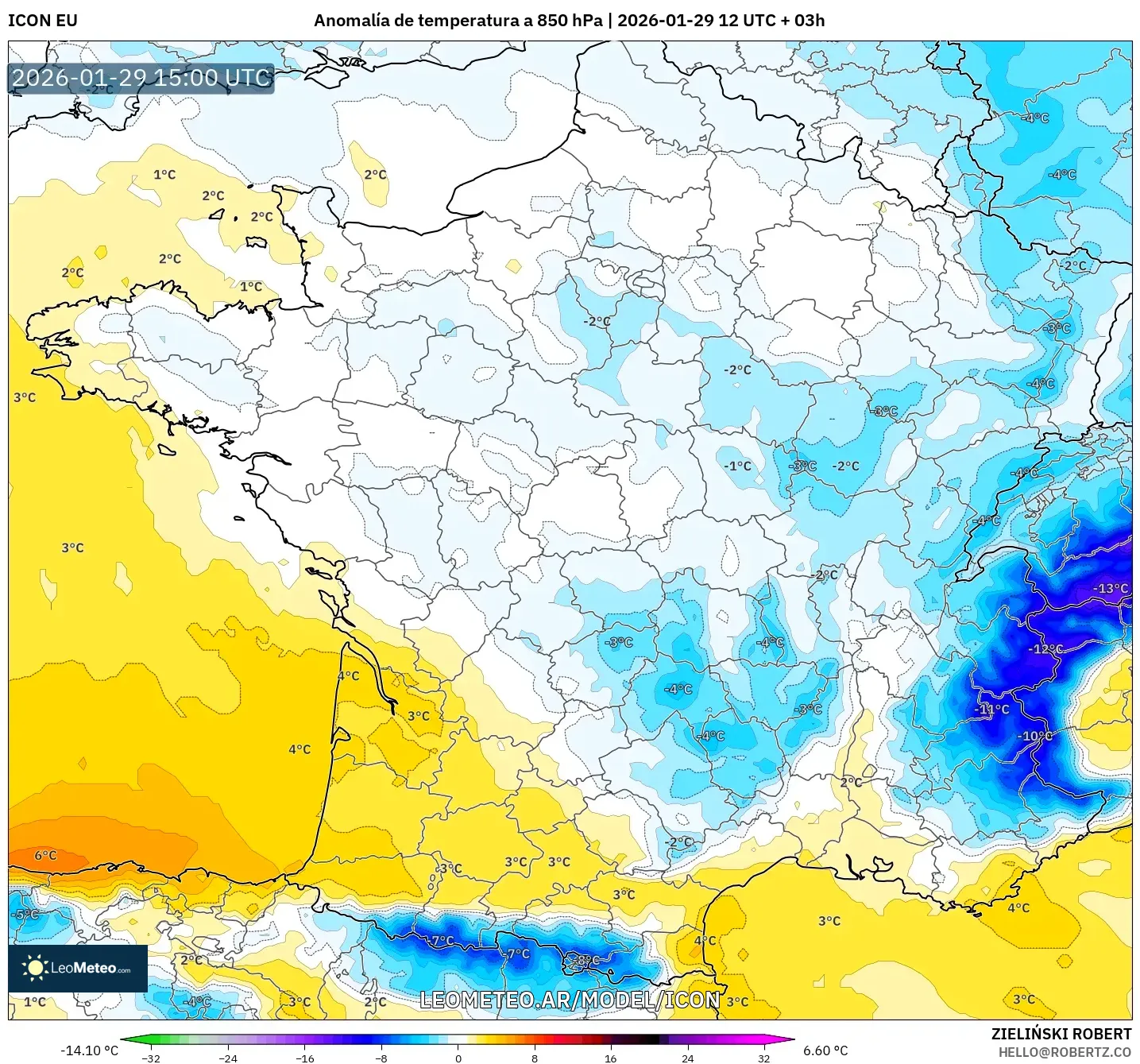ICON model - França, Anomalia de temperatura a 850 hPa