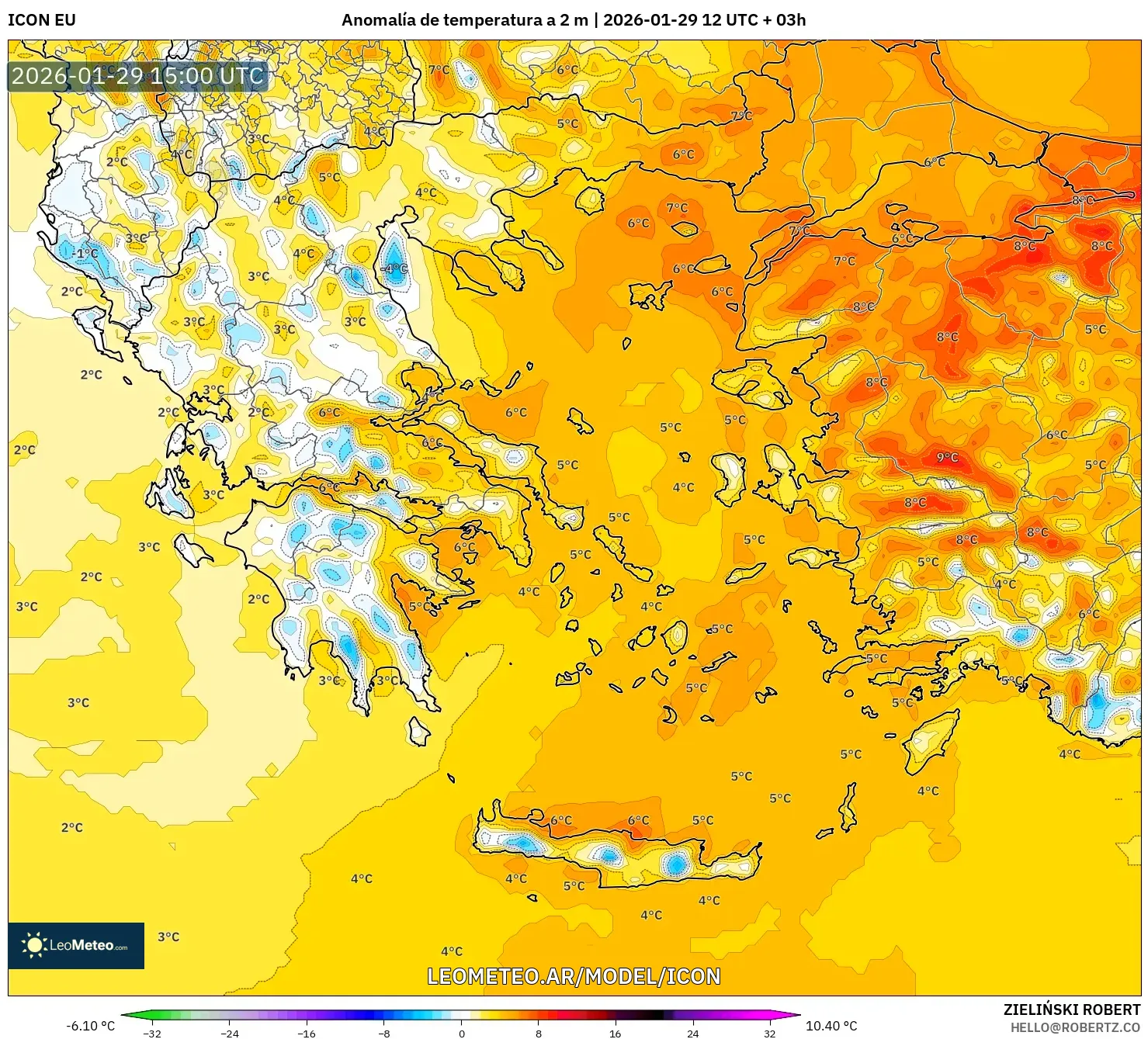 ICON model - Grécia, Anomalia de temperatura a 2 m