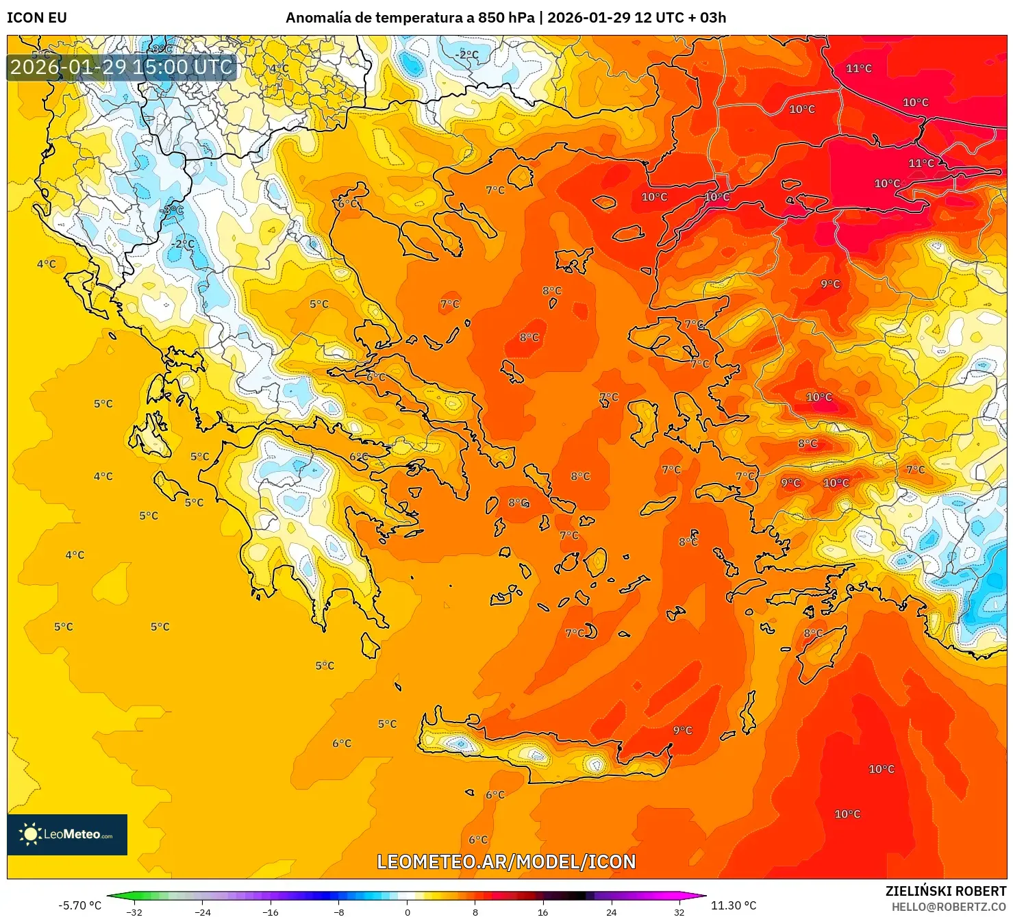 ICON model - Grécia, Anomalia de temperatura a 850 hPa