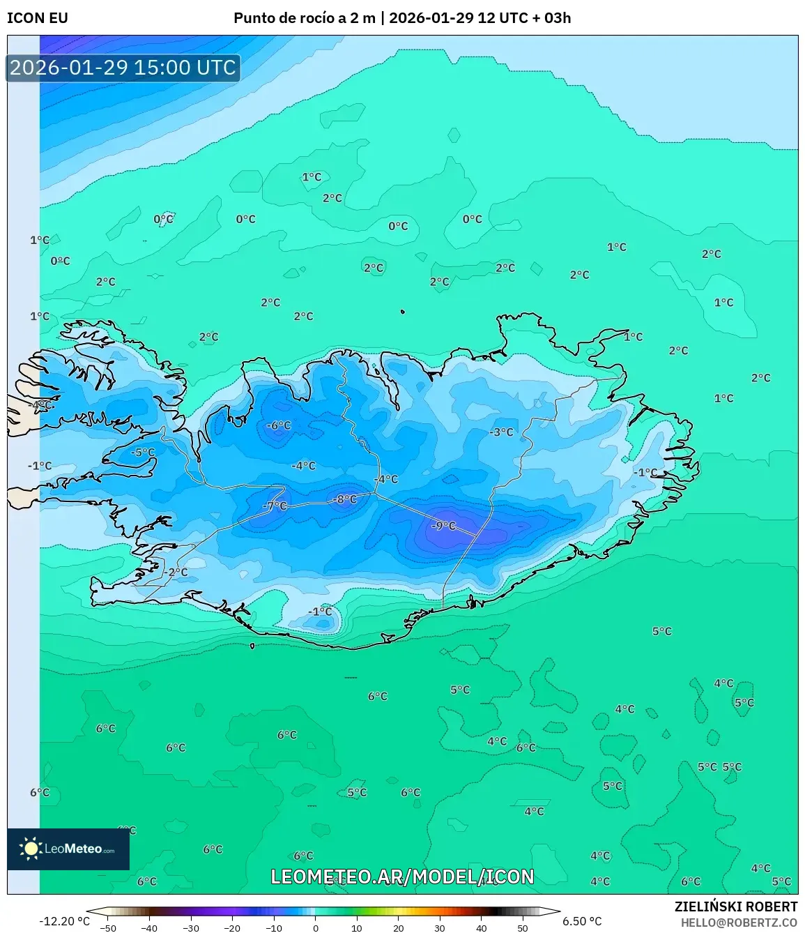 ICON model - Islândia, Ponto de orvalho a 2 m