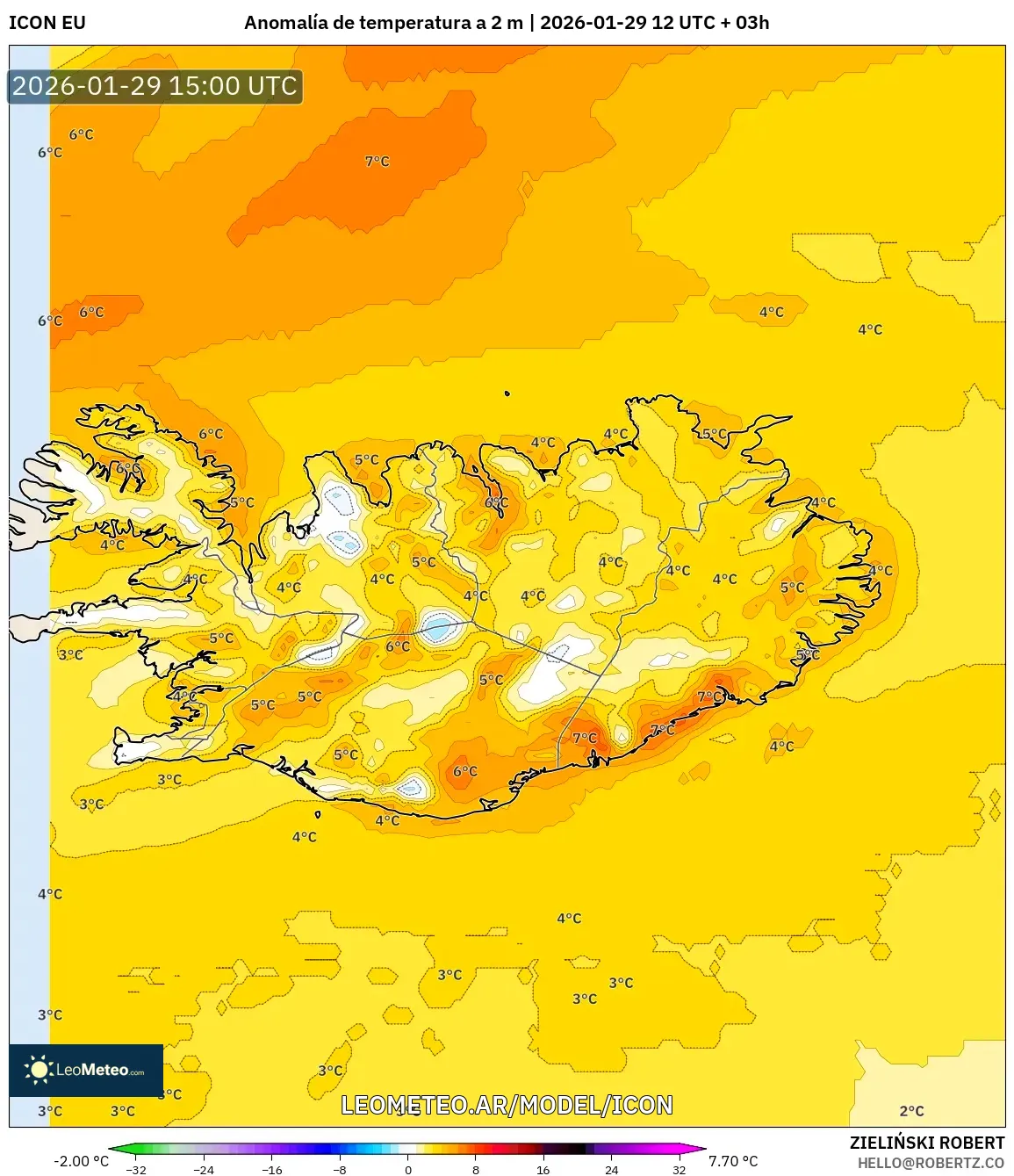 ICON model - Islândia, Anomalia de temperatura a 2 m