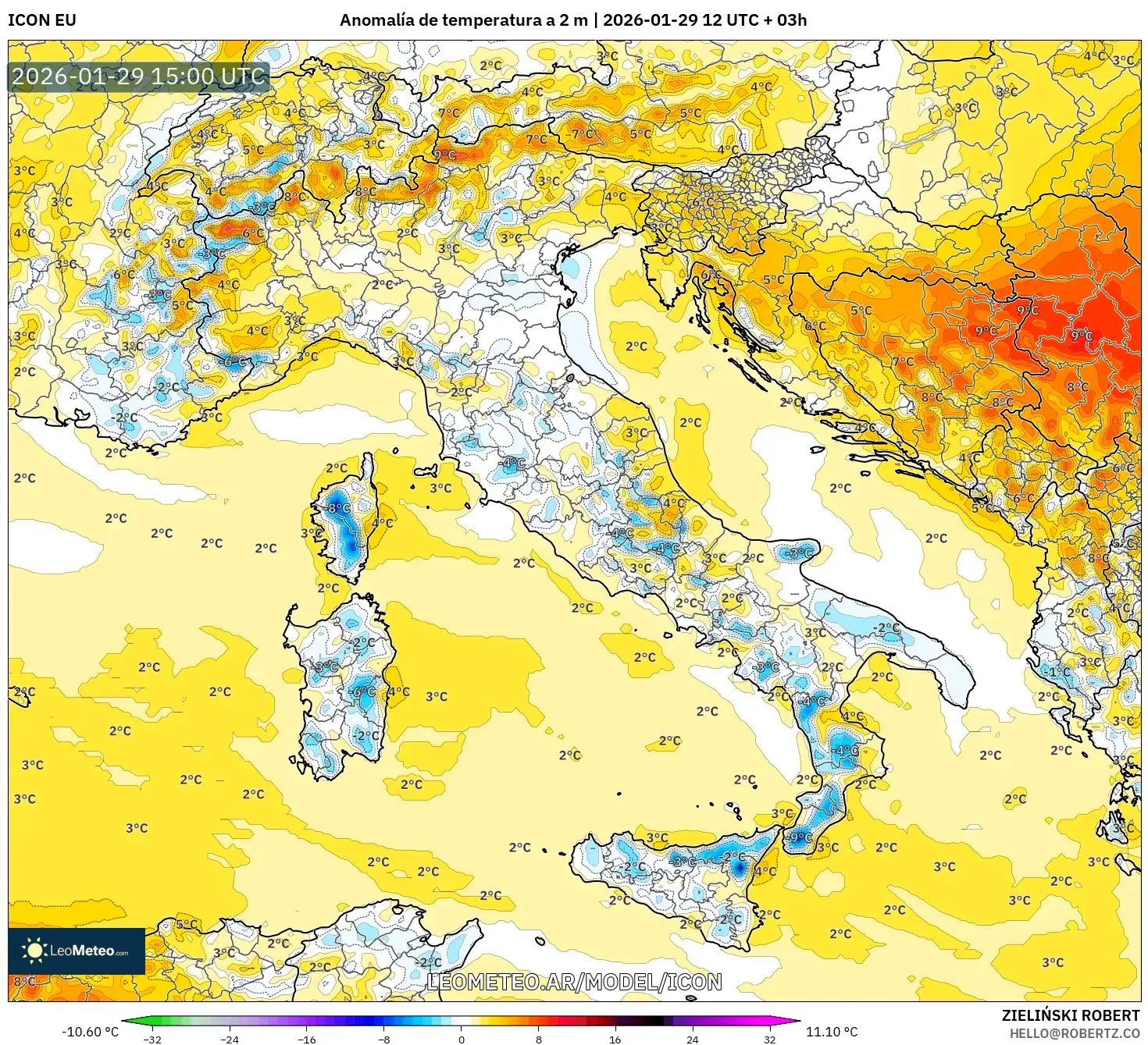 ICON model - Itália, Anomalia de temperatura a 2 m
