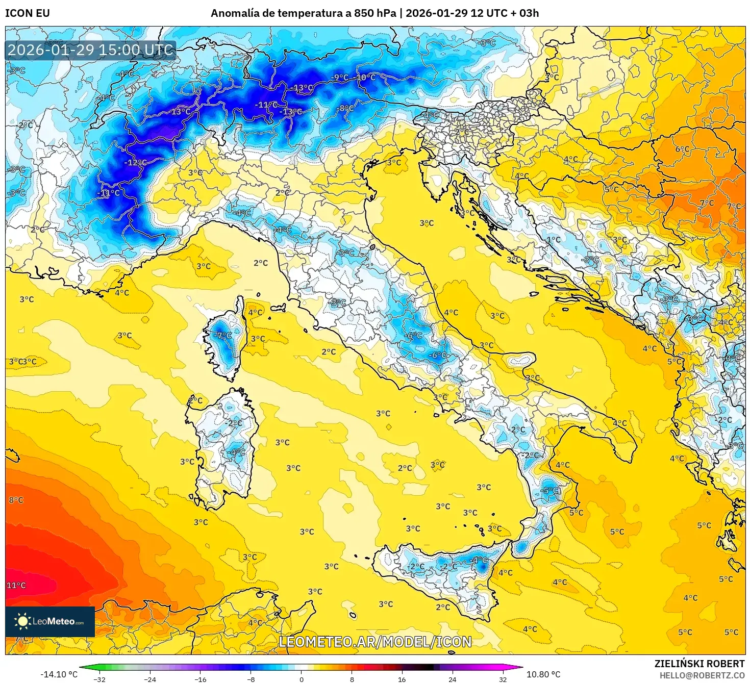 ICON model - Itália, Anomalia de temperatura a 850 hPa