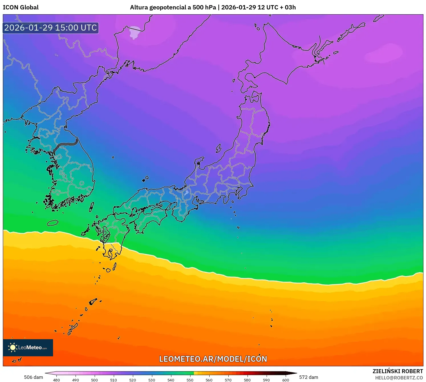 ICON model - Japão, Altura geopotencial a 500 hPa