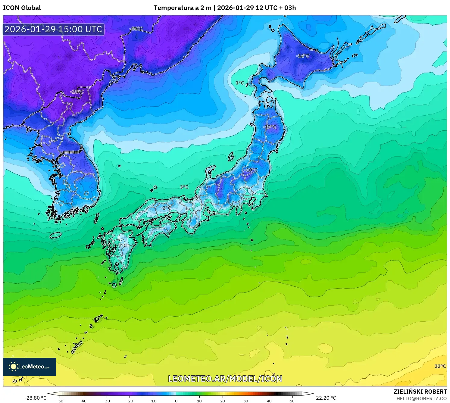 ICON model - Japão, Temperatura a 2 m
