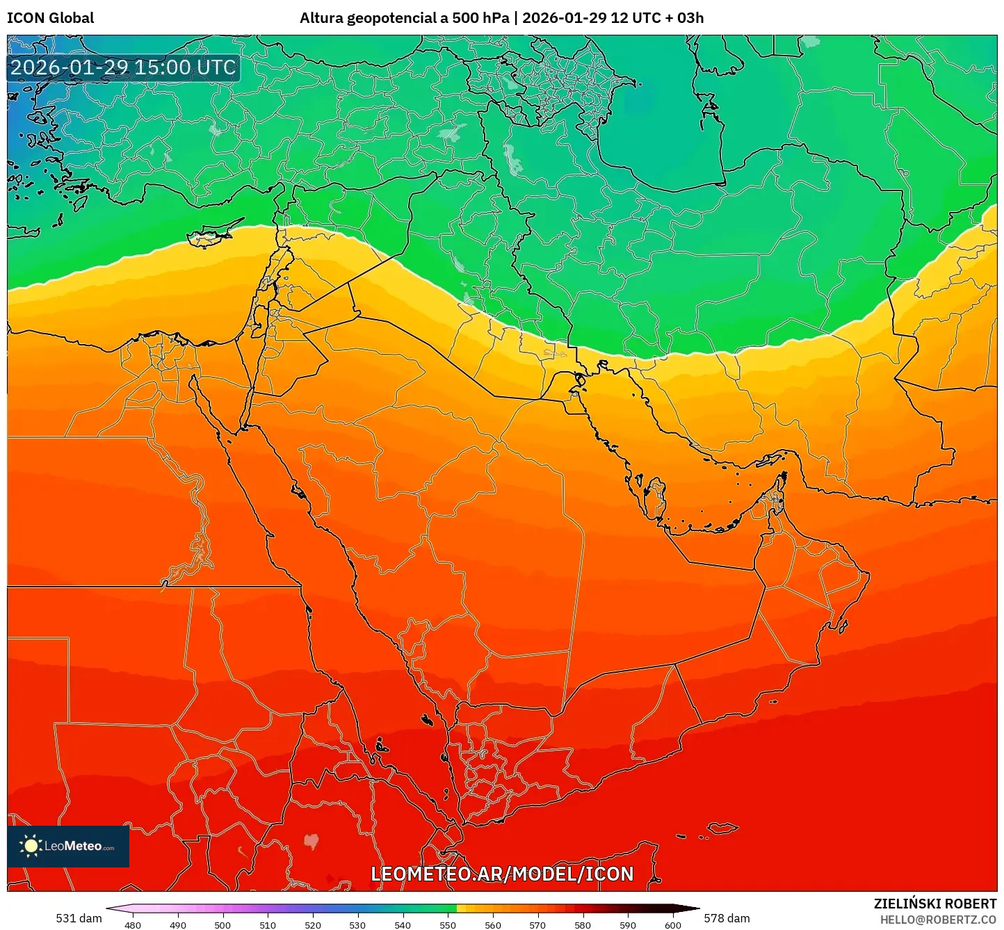 ICON model - Oriente Médio, Altura geopotencial a 500 hPa