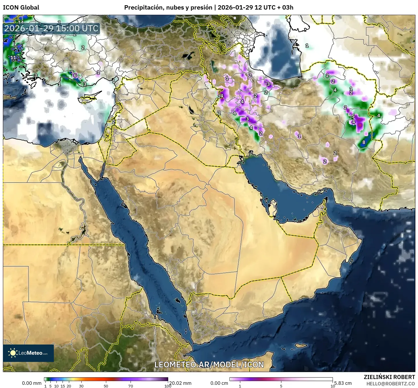 ICON model - Oriente Médio, Precipitação, nuvens e pressão