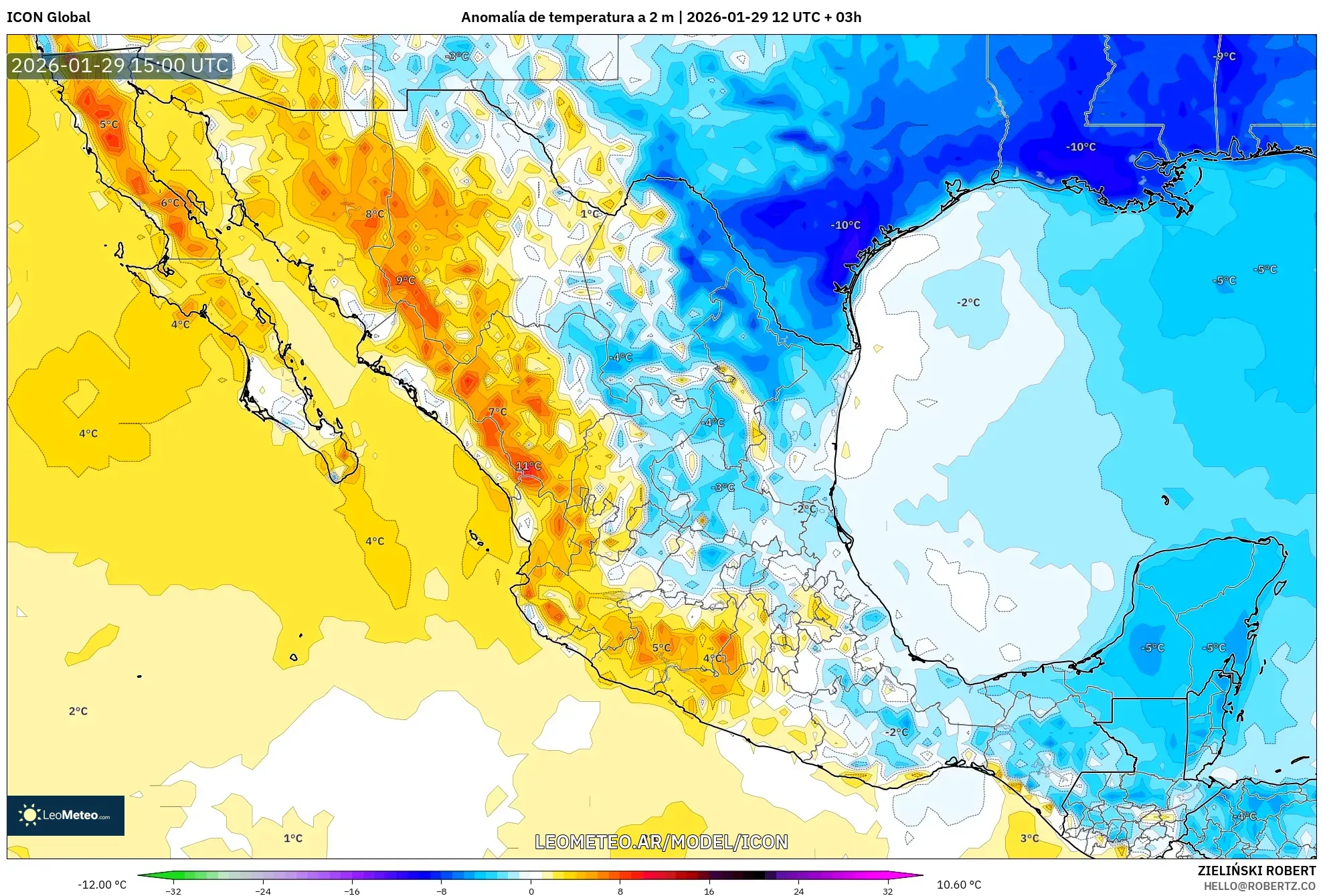 ICON model - México, Anomalia de temperatura a 2 m